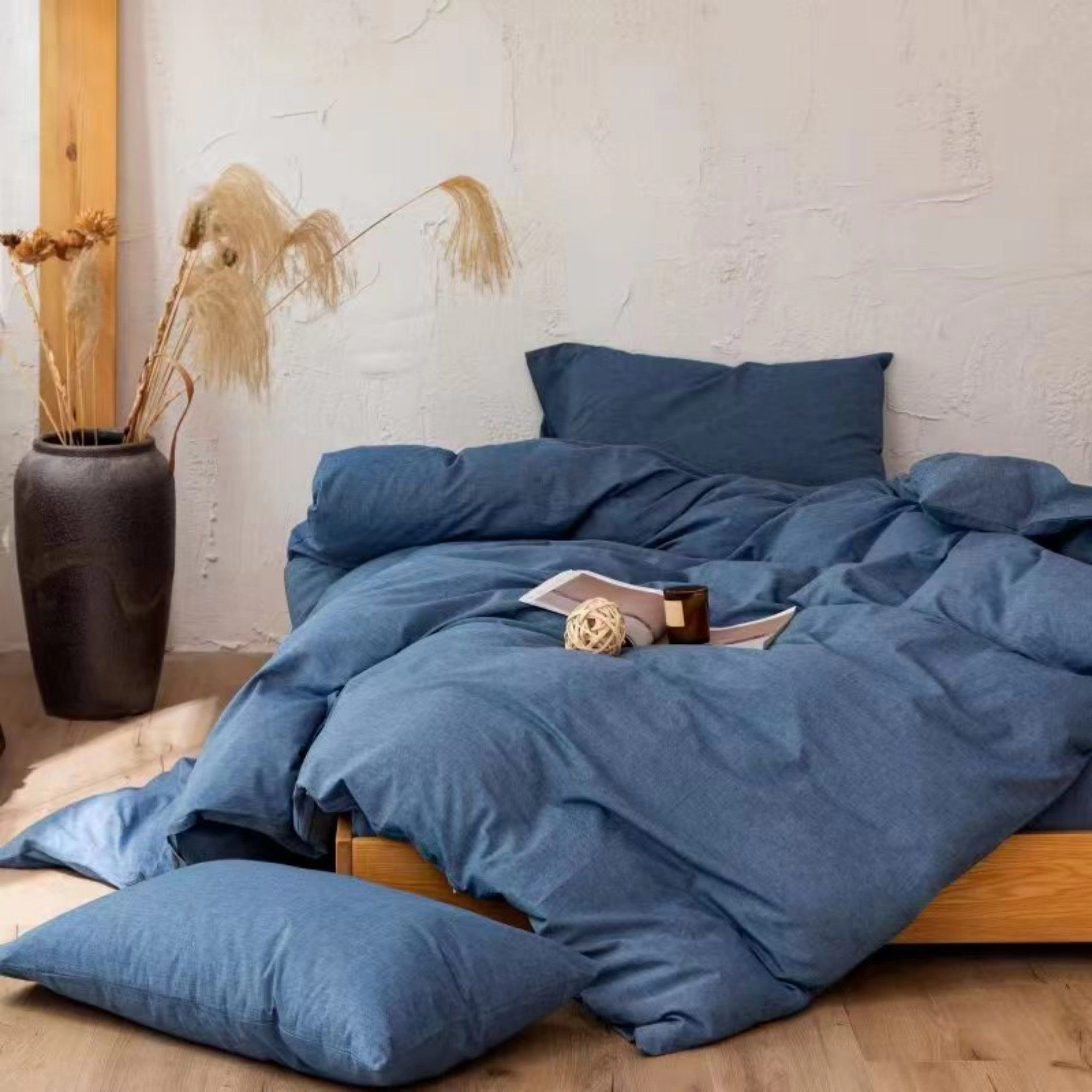 Alilang Unisex 4-Piece Cotton Washed Bedding Set with Duvet Cover Flat Sheet and Pillowcases Textured Woven Finish