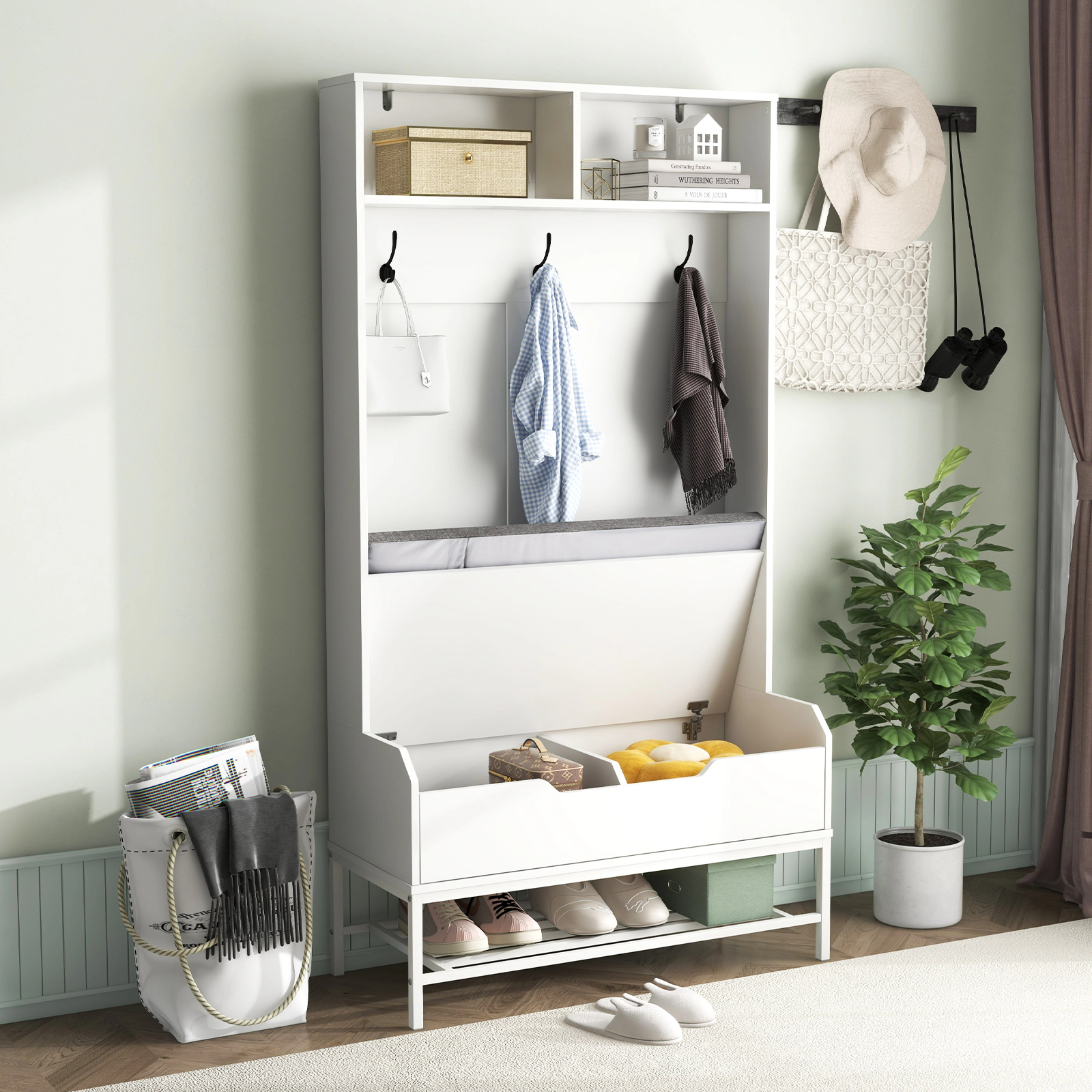 SUGIFT 67-in Tall 330-lb Bench Capacity White Hall Tree 4-in-1 Coat Rack with Seat Cushion and Shoe Storage