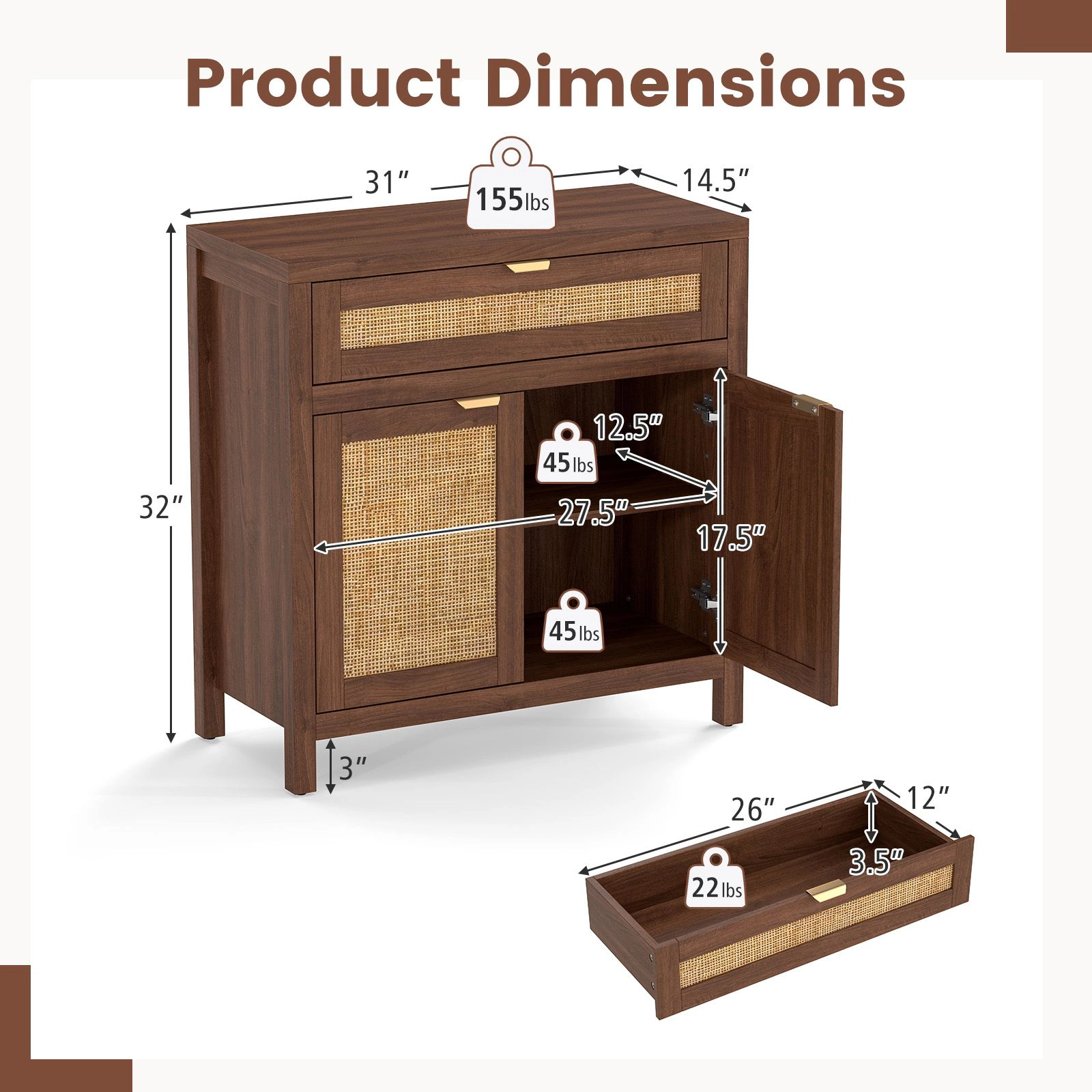SlickBlue Modern Storage Cabinet with Drawer and Rattan Accents for Dining Room