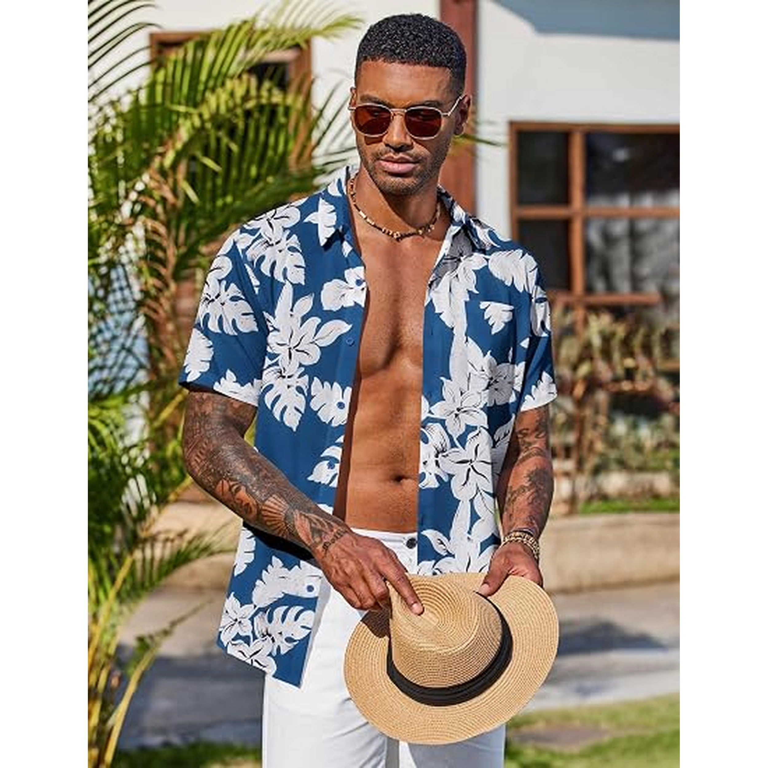 COOFANDY Mens Short Sleeve Hawaiian Shirt Palm Leaf Print Button Up Casual Tops