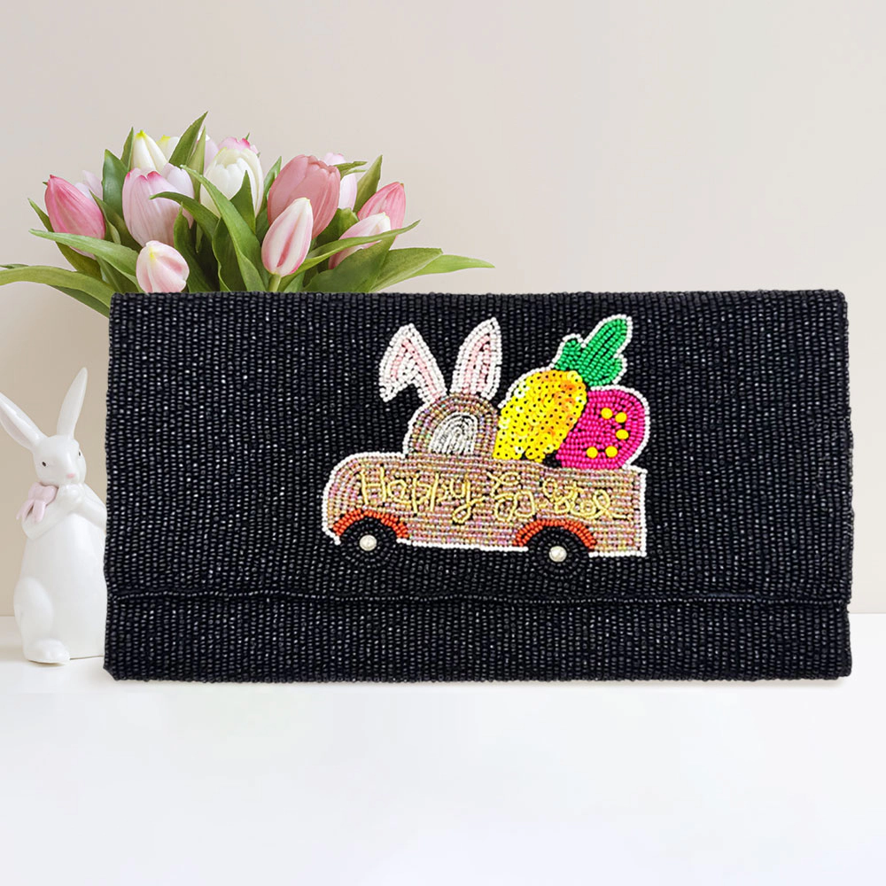 Fashnzfab Happy Easter Message Carrot Bunny Car Seed Beaded Clutch / Crossbody Bag