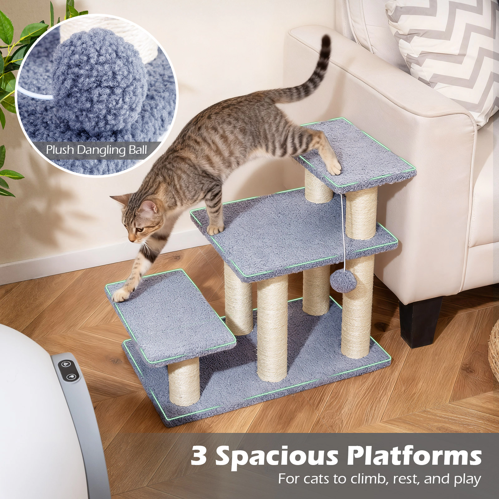 SUGIFT 3-Tier Cat Stairs Cat Tree 20-in Tall with Scratching Posts and Hanging Toy Ball 33-lb Capacity Gray