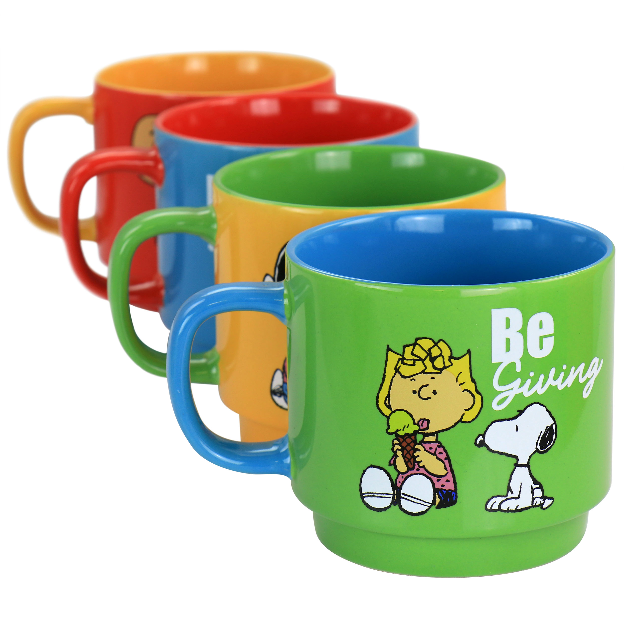 Gibson Peanuts Classic Gentle Reminders Collection 4 Piece Stoneware Stackable Mug Set with Metal Stand