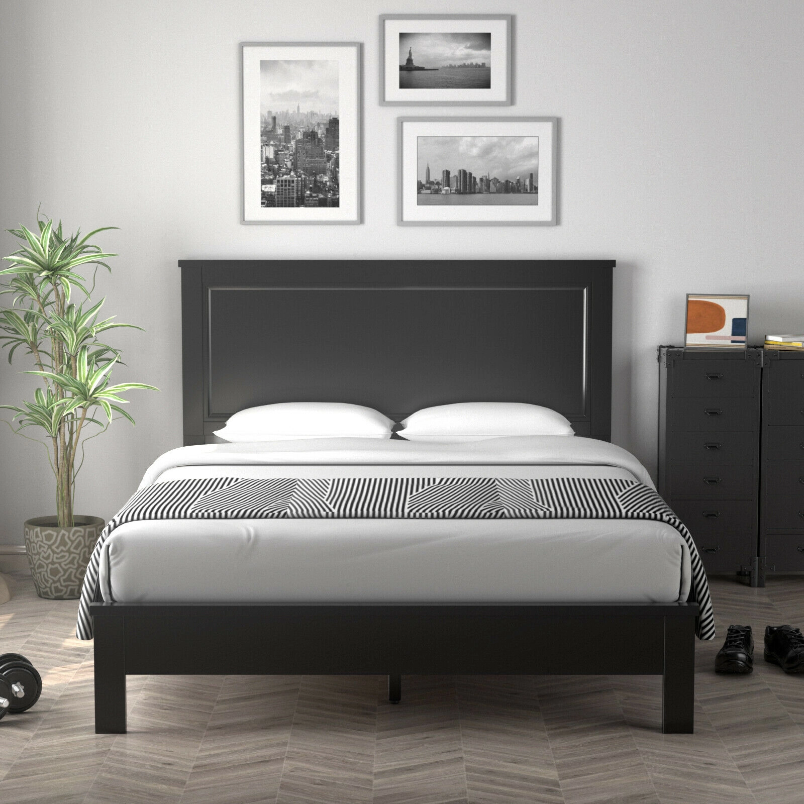 SUGIFT High Slat Panel Headboard and Rubber Wood Legs Queen Size Platform Bed Frame