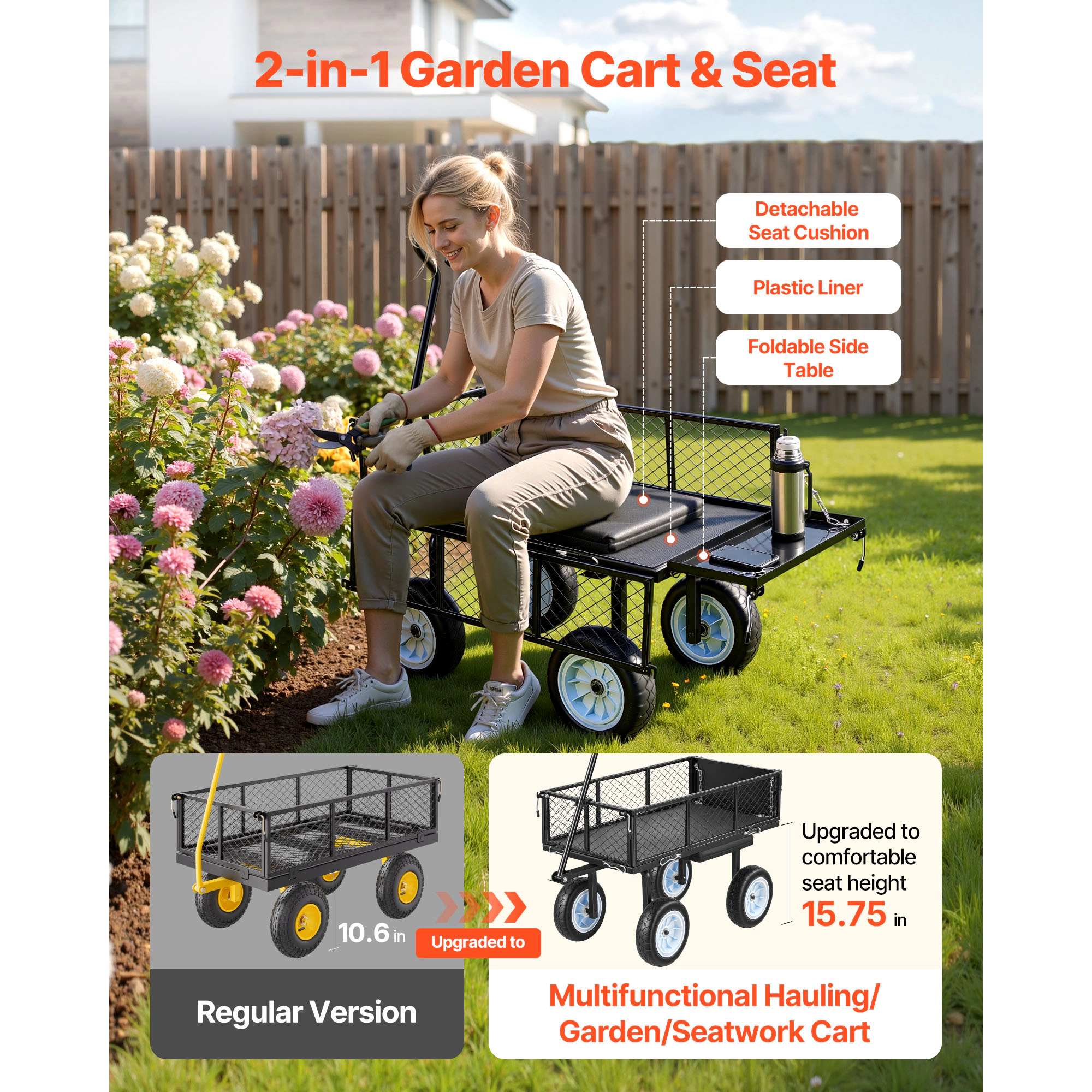 HONGGE Garden Cart with Seat 500 LBS Rolling Steel Work Wheels Heavy Duty Gardening Stool Tool