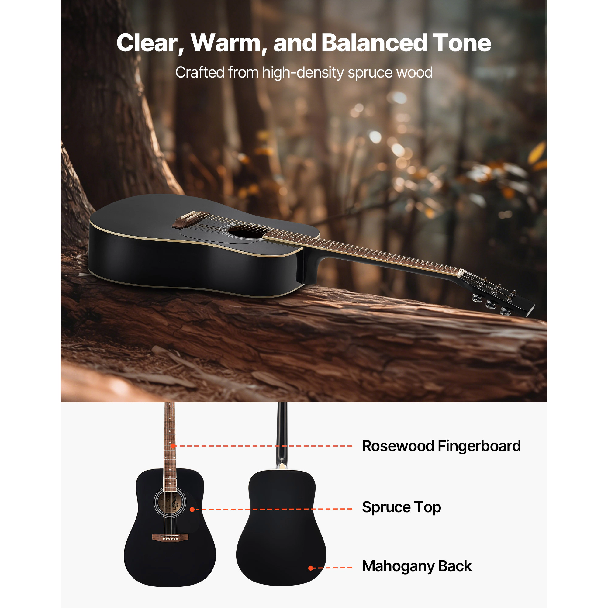 HONGGE Dreadnought Acoustic Guitar 6-String Solid Top Guitar Beginner Bundle with Gig Bag Tuner Strap Strings Picks