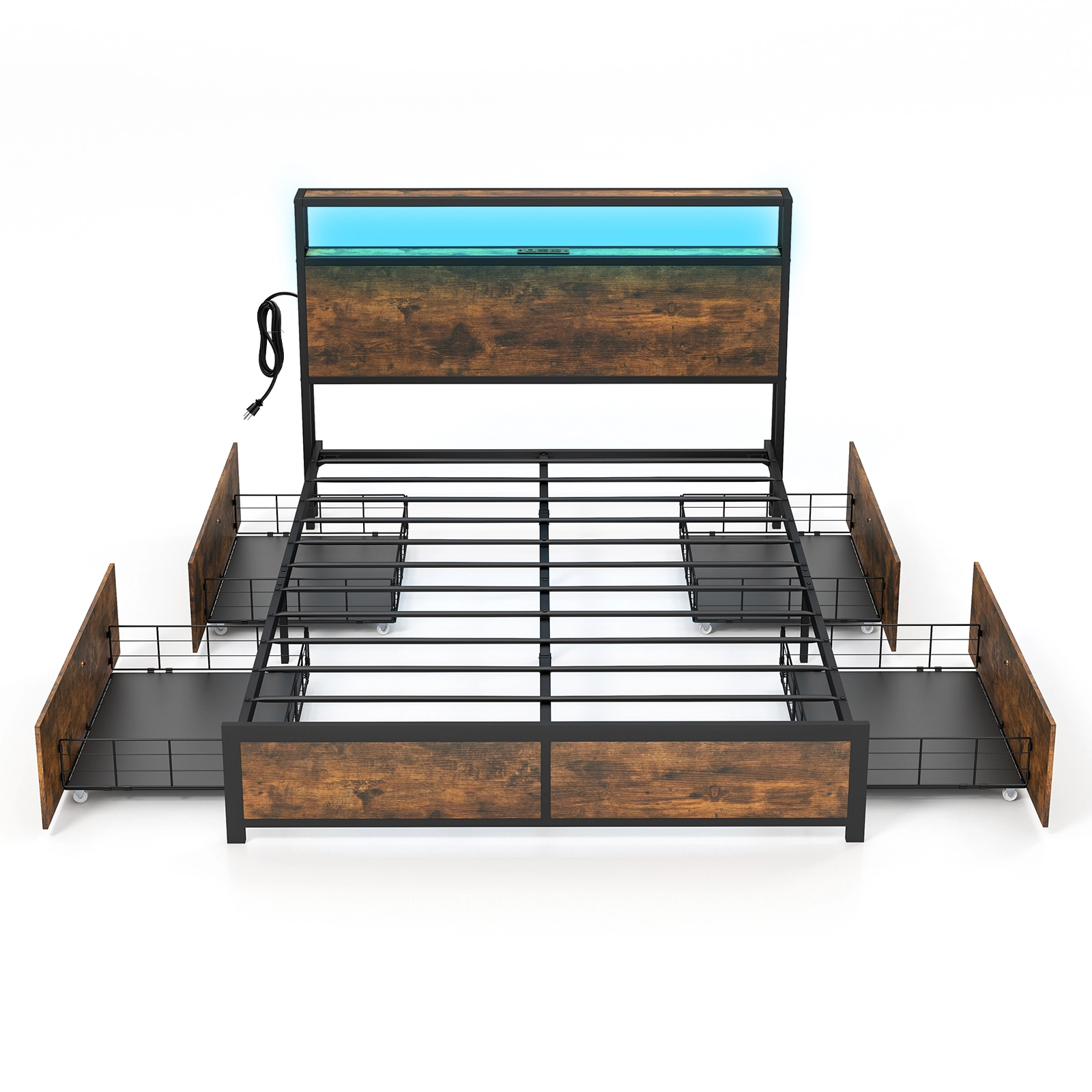 SUGIFT Full Size Bed Frame with Smart LED Lights, Headboard Storage Shelves and 4 Drawers 1100-lb Capacity Rustic Brown