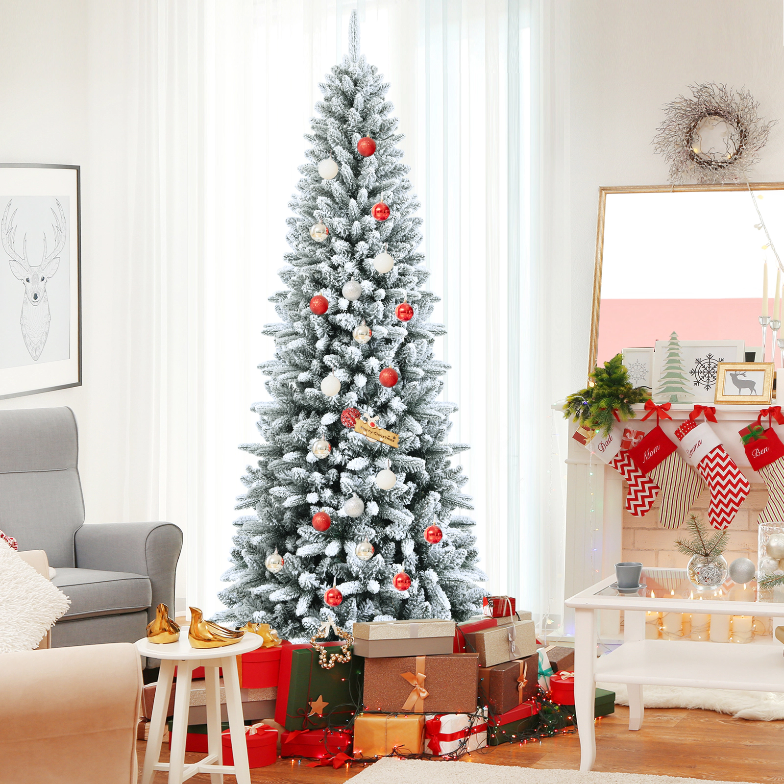 LJG Snow-Flocked Hinged Artificial Christmas Pencil Tree with Mixed Tips-7.5 ft