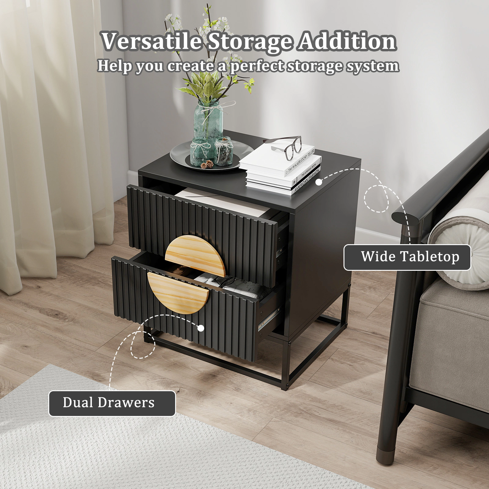 Glintex Mid-Century Fluted Nightstand with Solid Pine Wood Handles and Metal Base