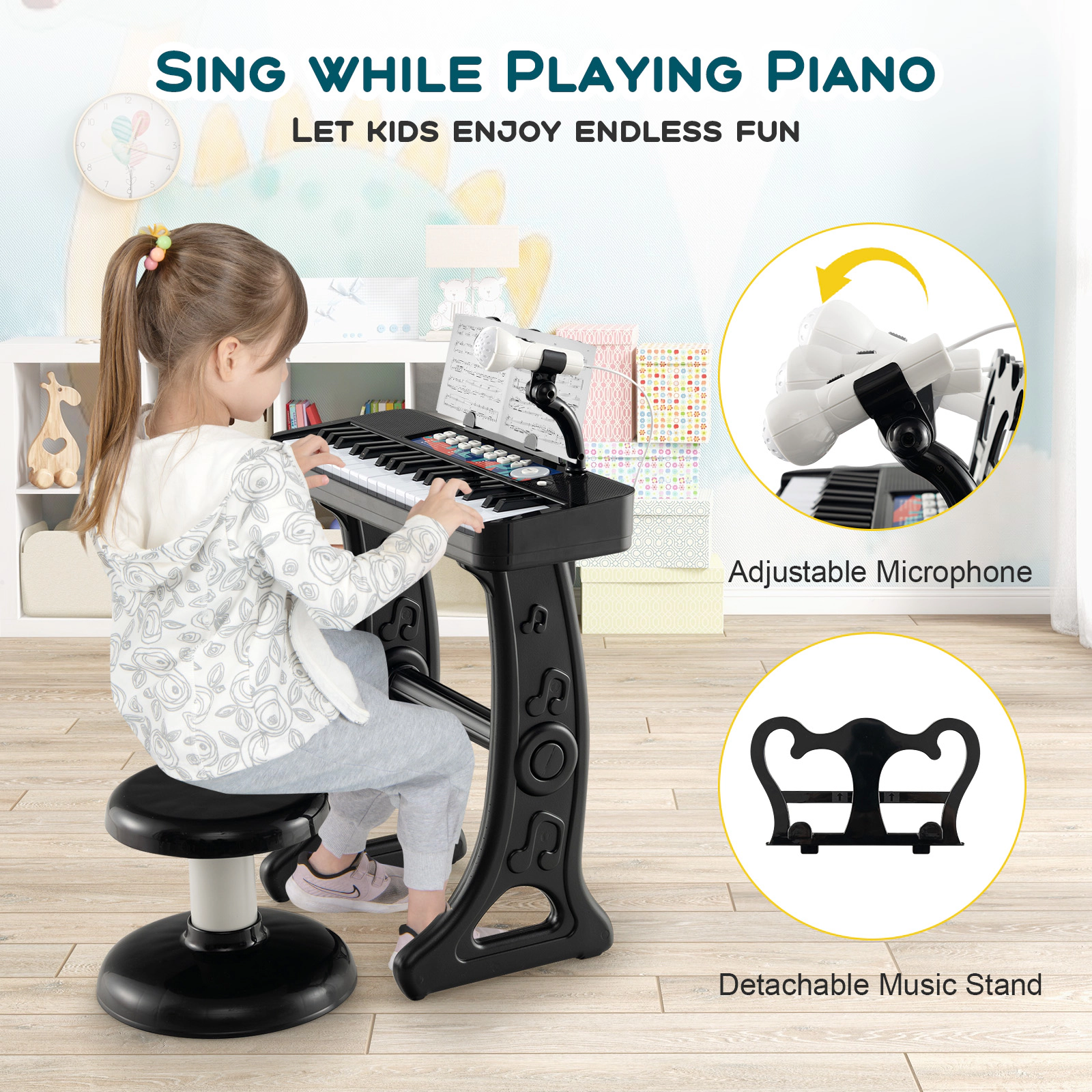 SUGIFT Kids Black 37-Key Toy Piano Keyboard with Detachable Legs and Microphone 16.1-in W 9-in D 17.9-in H Ages 3+