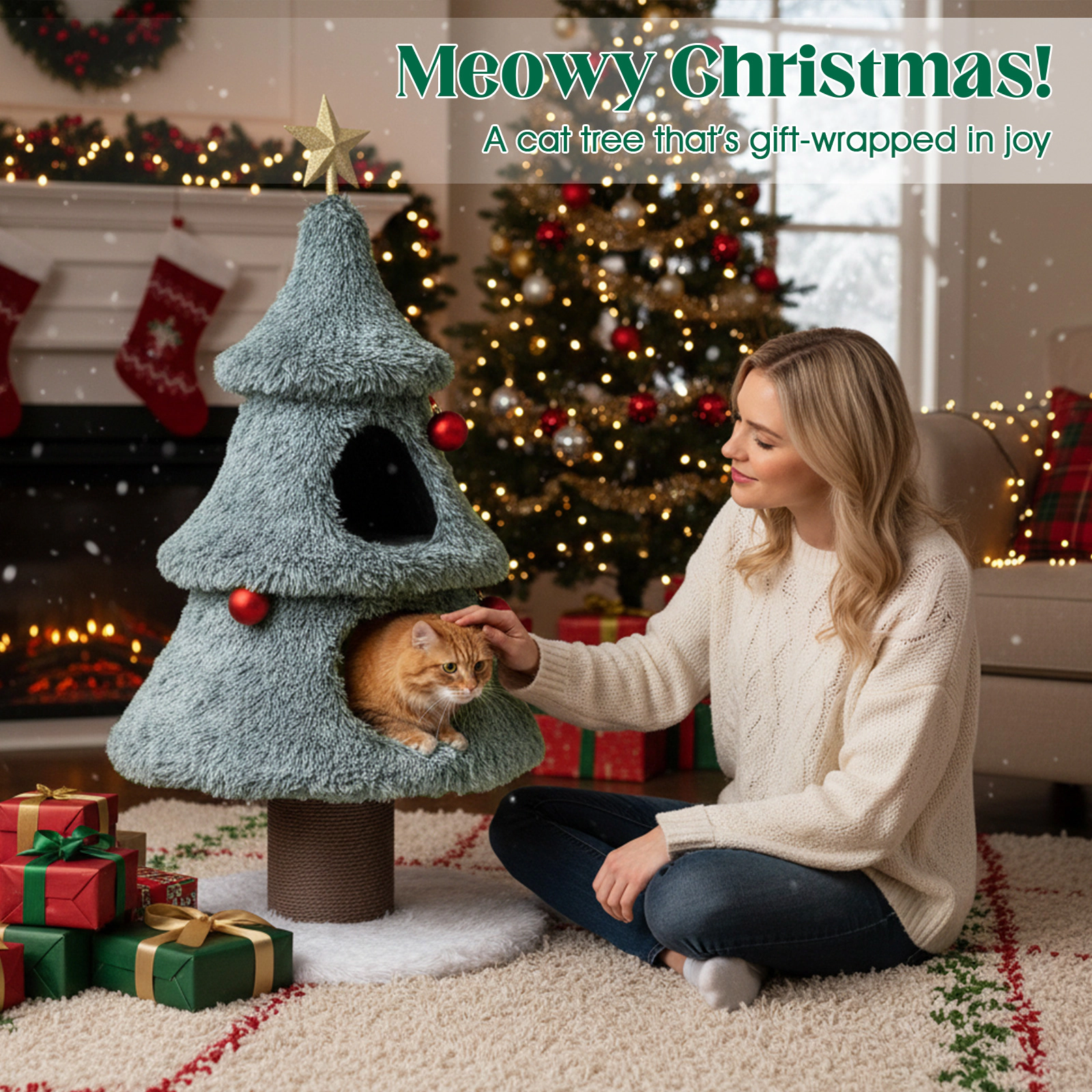 SUGIFT Frost-Kissed Christmas Cat Tree Tower with 2 Large Condos and Scratching Post 48.43-in Tall Green White Brown