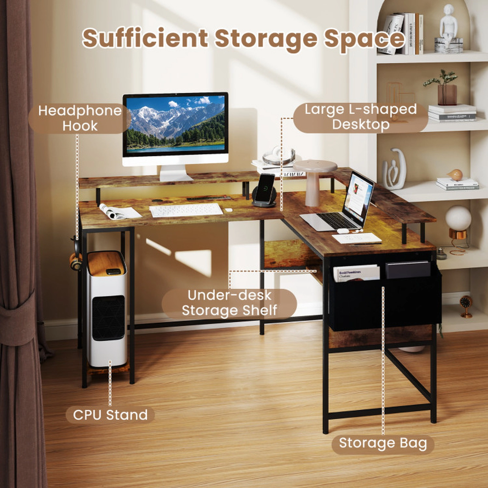 SUGIFT L-Shaped Gaming Desk with LED Lights and Power Outlets 200-lb Tabletop Capacity Home Office Computer Desk Brown &