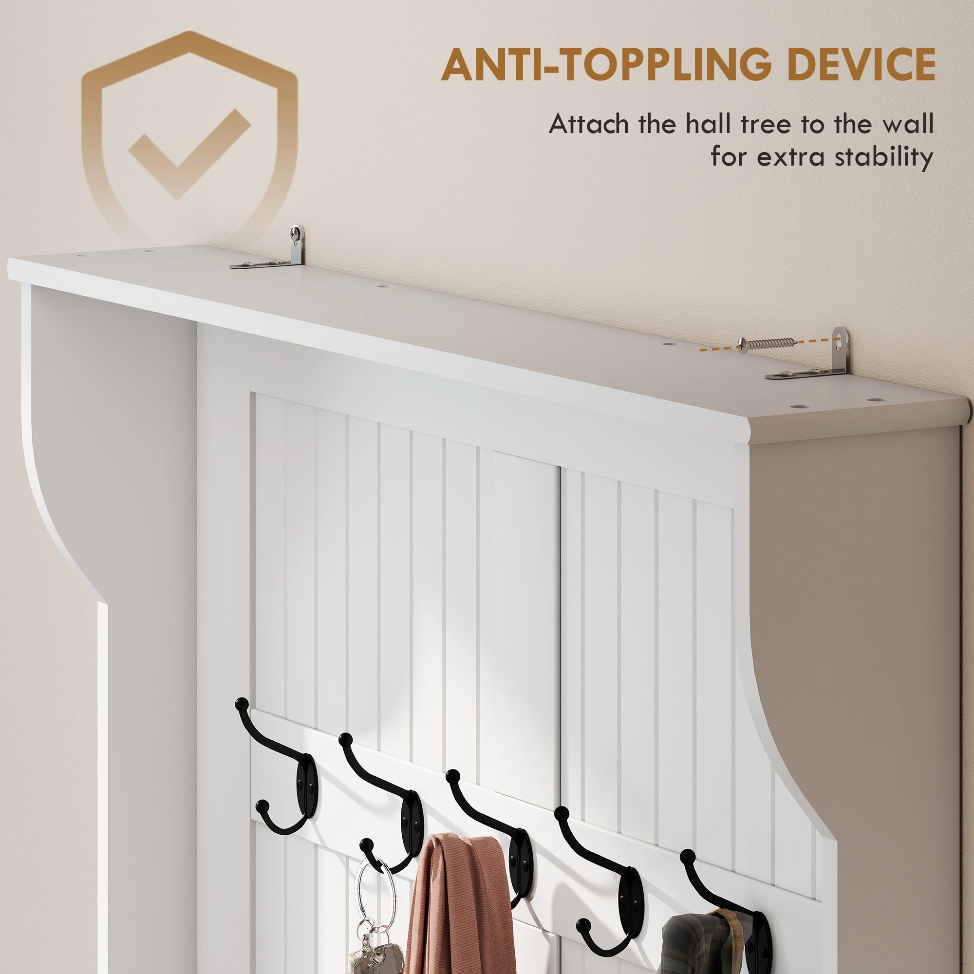 HONGGE 3-In-1 Entryway Bench with Coat Rack, Hall Tree with Bench and Shoe Storage, 5 Hooks for Hallway