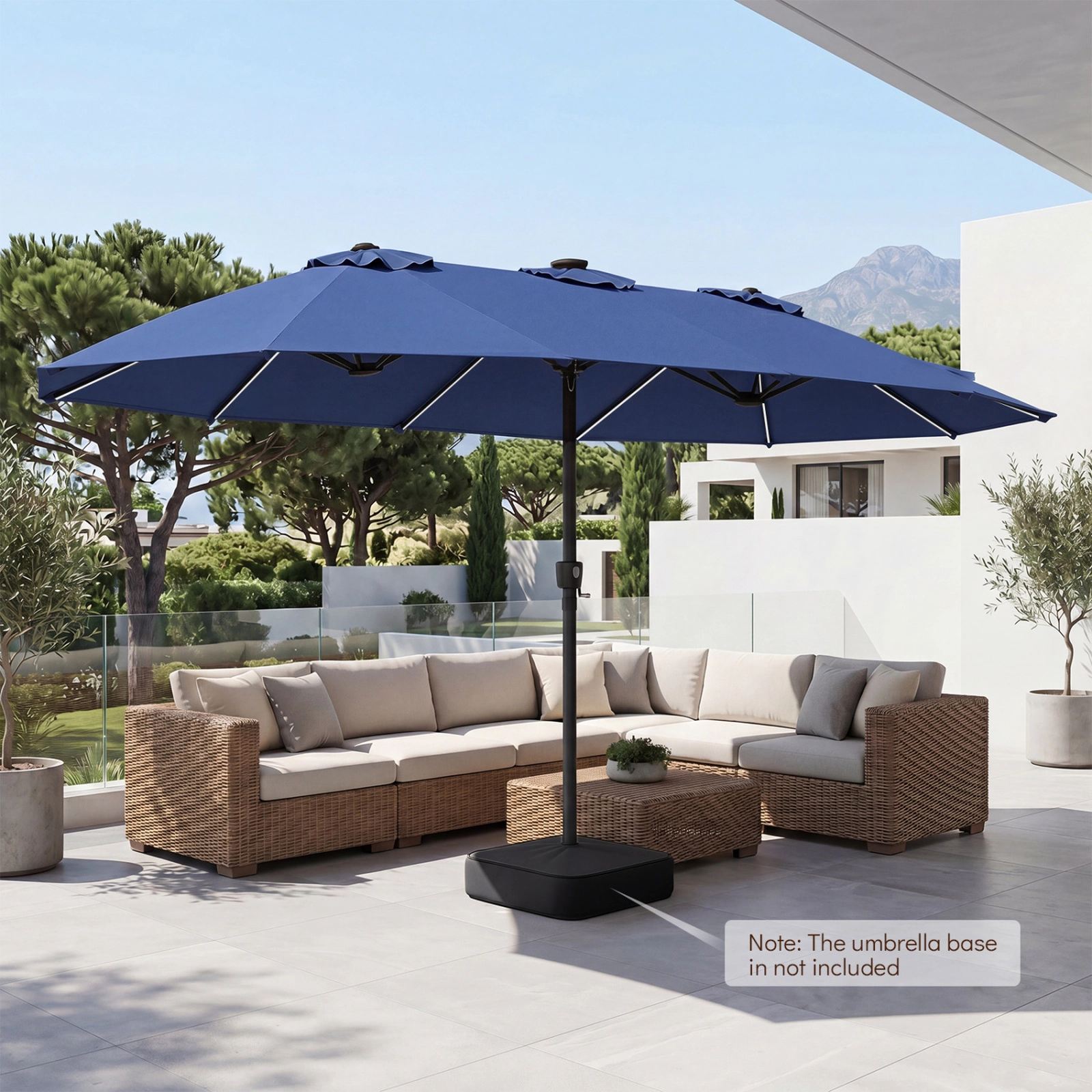 SUGIFT 15.5-ft Navy Extra-Large Rectangular Patio Umbrella with 144 Solar LED Beads and 12 Light Modes