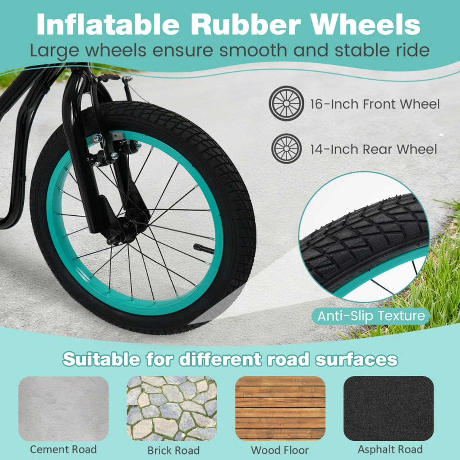 SUGIFT Youth Scooter with Adjustable Handlebar and 16/14-in Inflatable Wheels 110-lb Capacity Ages 8+ Black