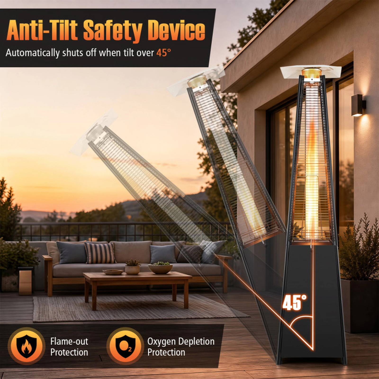 SUGIFT 45000-BTU Black 17-ft Range Pyramid Propane Patio Heater with Zippered Cover and Rolling Wheels