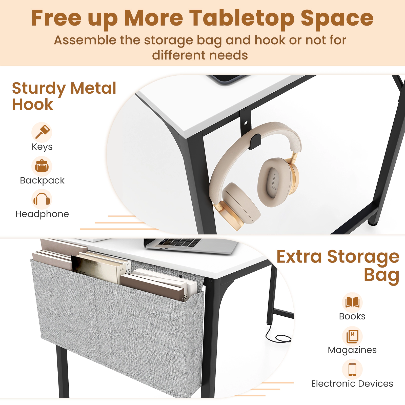 SUGIFT Small Home Office Computer Desk with Charging Station 210-lb Desktop Capacity White + Black