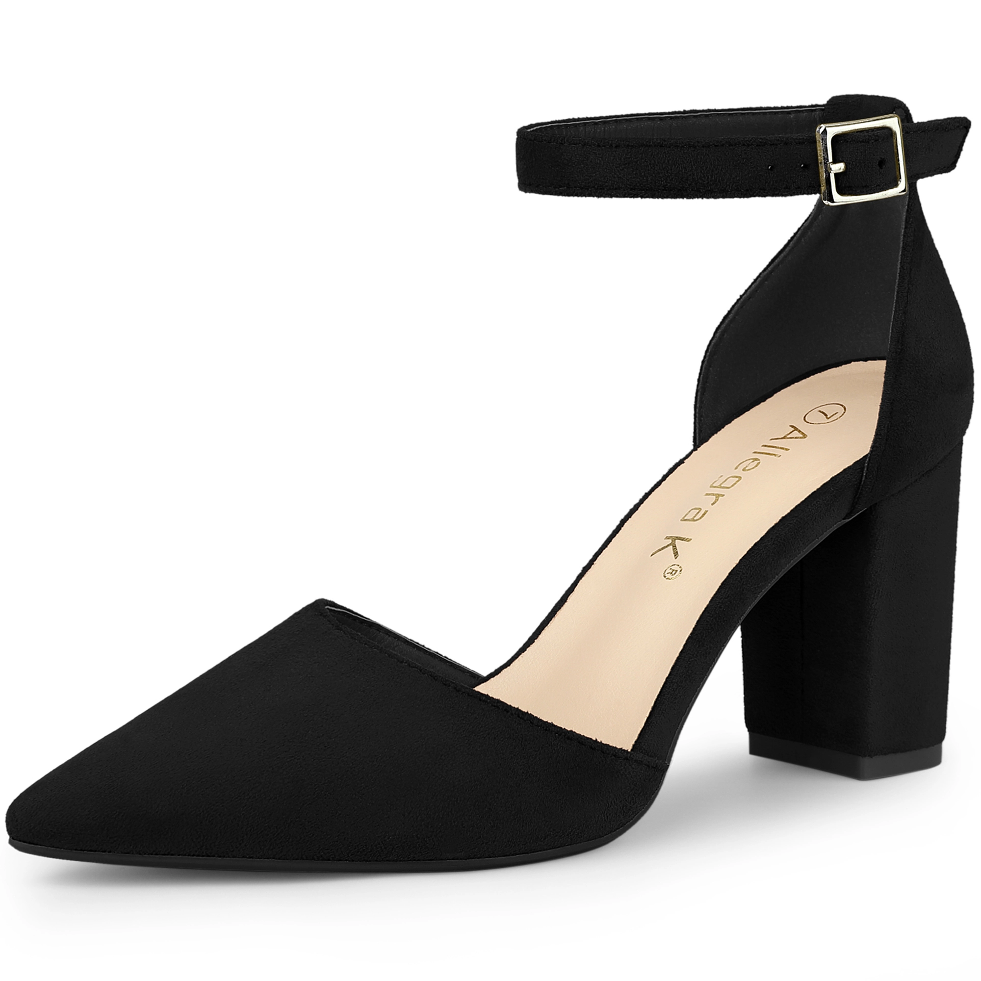 BLISSFUL STEP Women's Ankle Strap Pointed Toe Block Heels Pumps