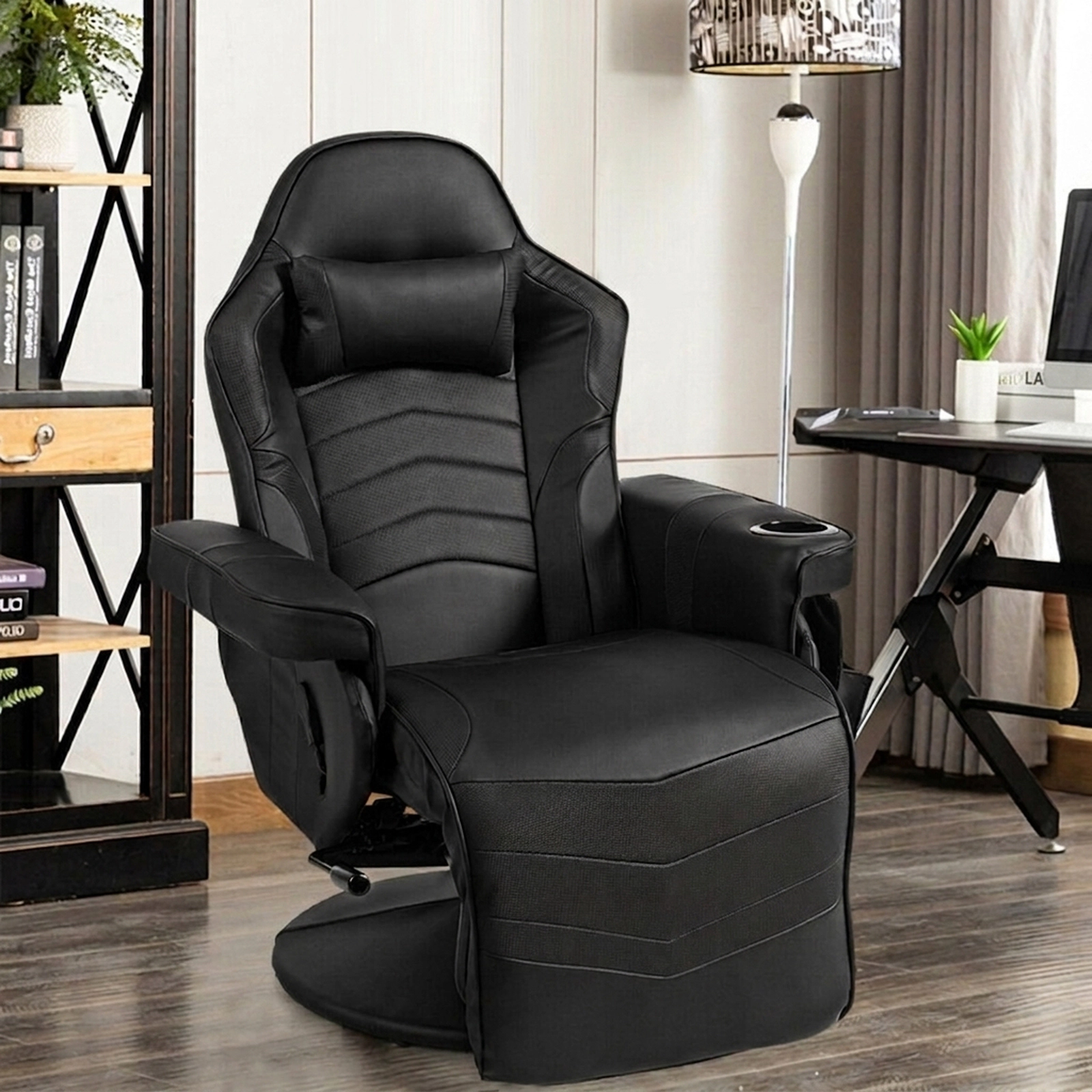 SUGIFT Black Massage Gaming Recliner Chair, 8 Modes, Footrest, Cup Holder