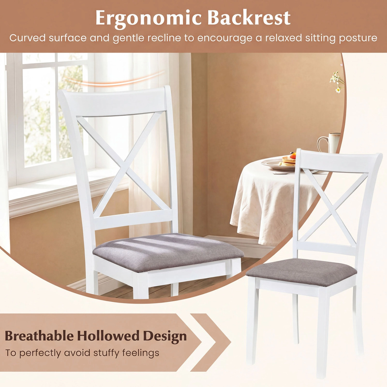 SUGIFT Breathable Hollow-Back Dining Chairs 330-lb Capacity White & Gray with Padded Linen Seat