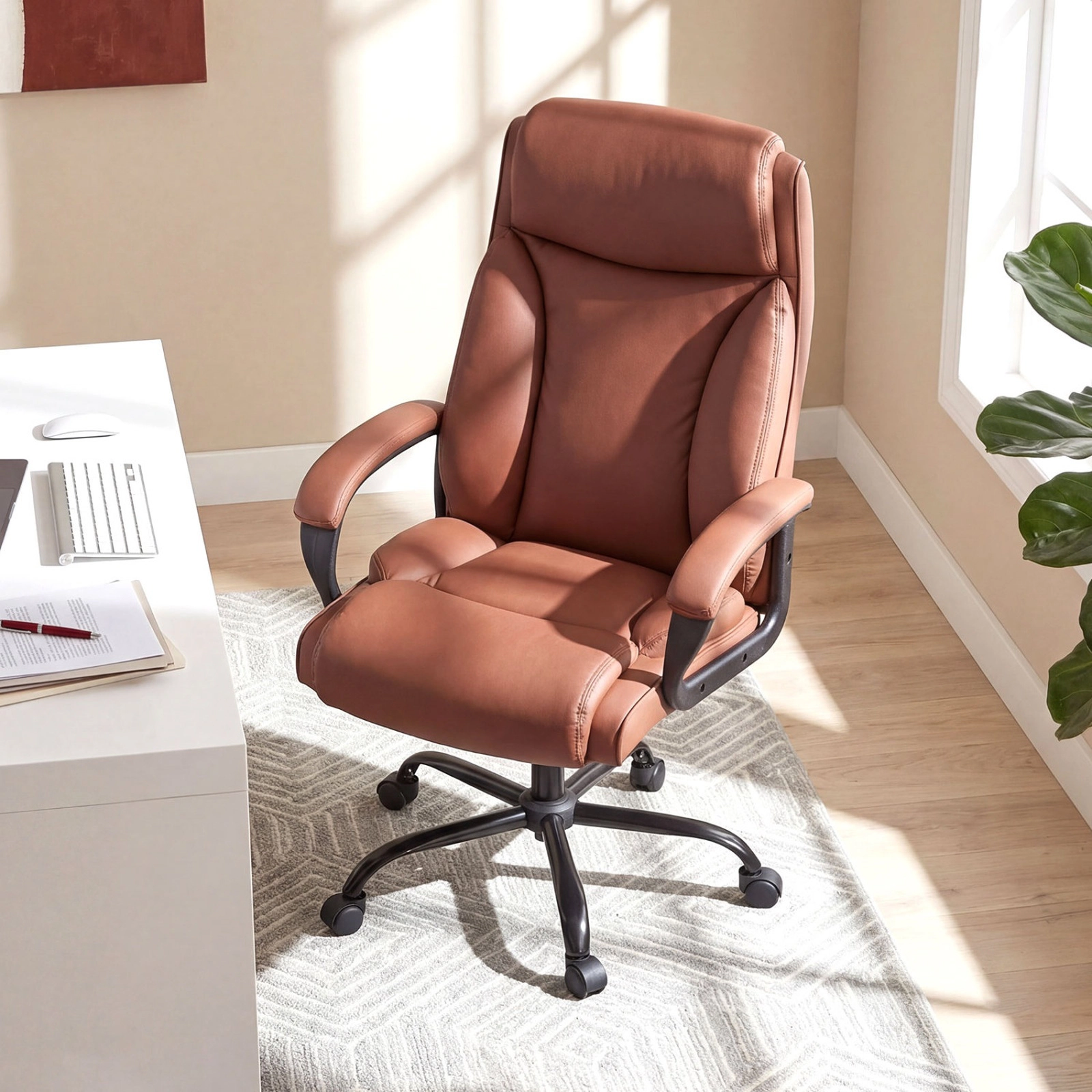SUGIFT 400 LBS Big and Tall Executive Office Chair Brown High Back Leather Chair