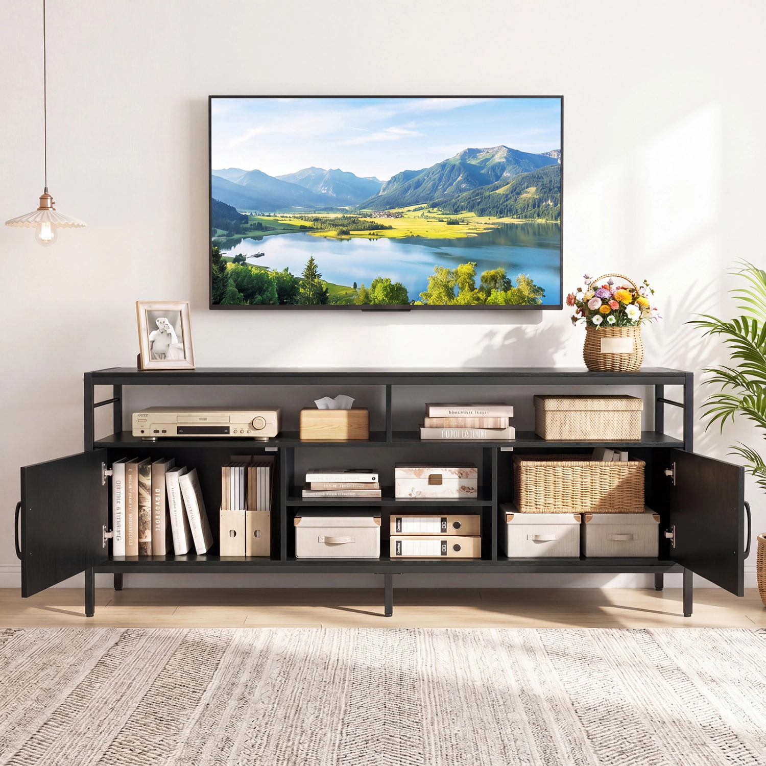 LJG 58 Inch Industrial TV Stand with Cabinets and Adjustable Shelf for TVs up to 65 Inch