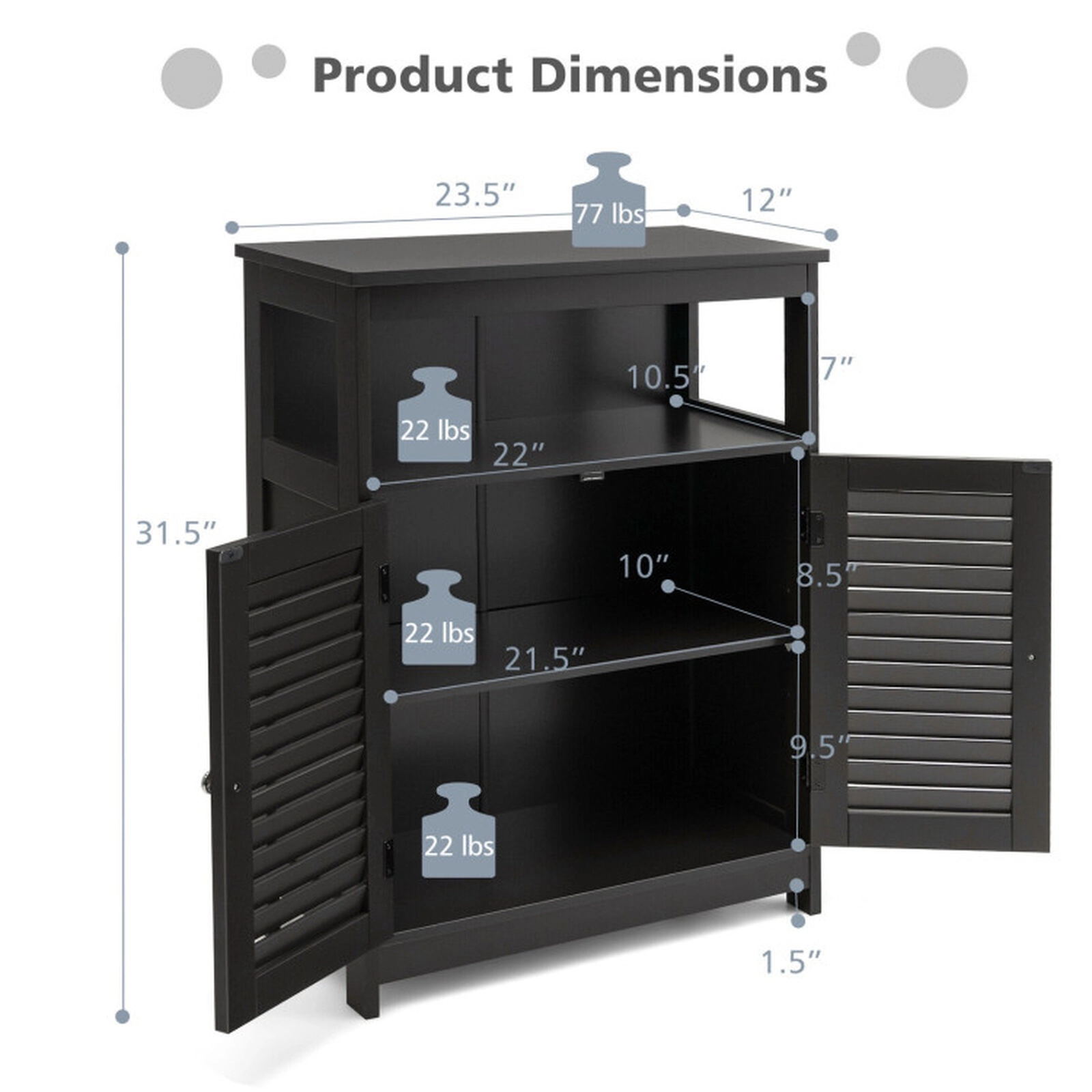 SUGIFT Black 77-lb Top Capacity Double Shutter Door Freestanding Bathroom Storage Cabinet with Open Shelf