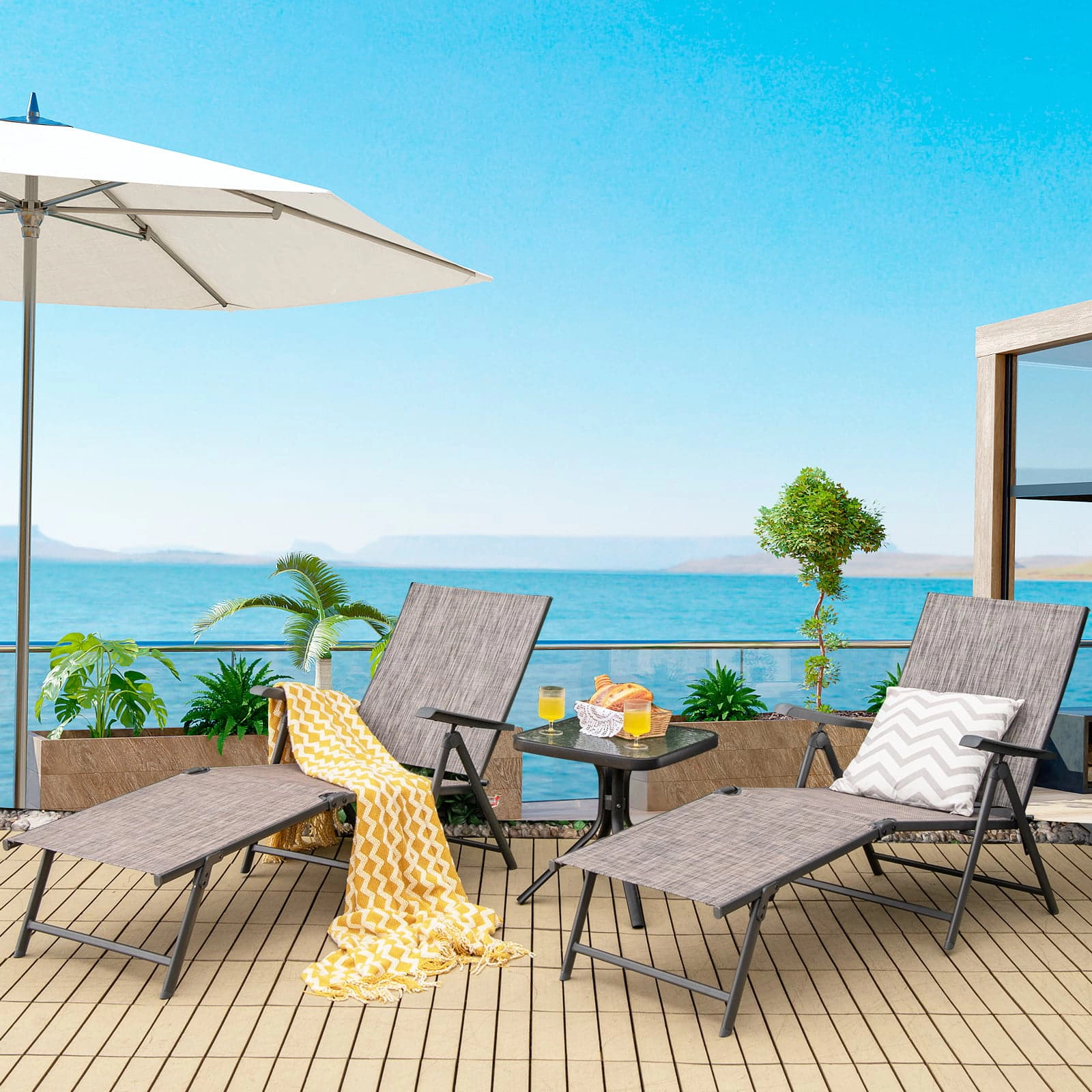 SUGIFT 2-Piece Folding Chaise Lounge Chairs, 5-Position Backrest, 2-Position Footrest, Gray