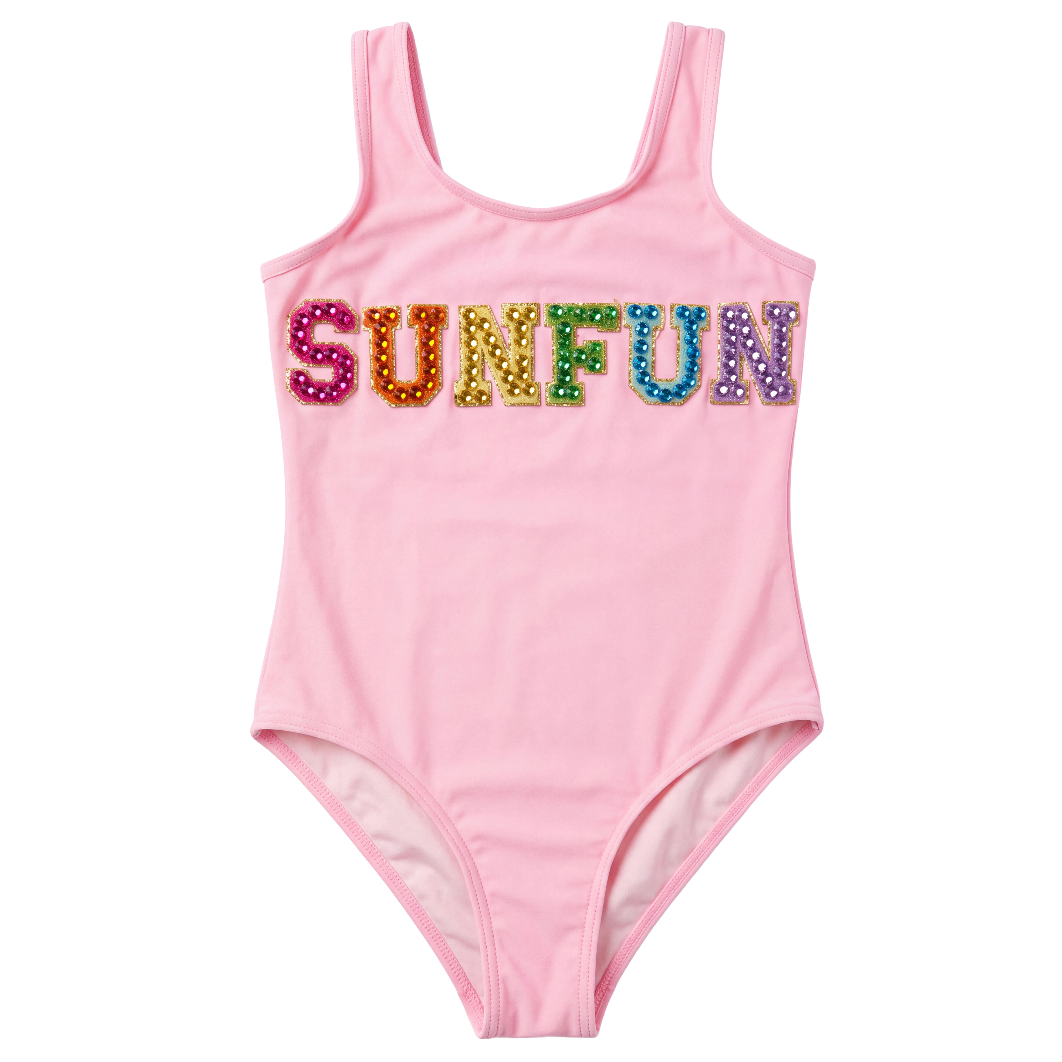 2Bunnies Girls' Rhinestone Sequin Letter One-Piece Swimsuit