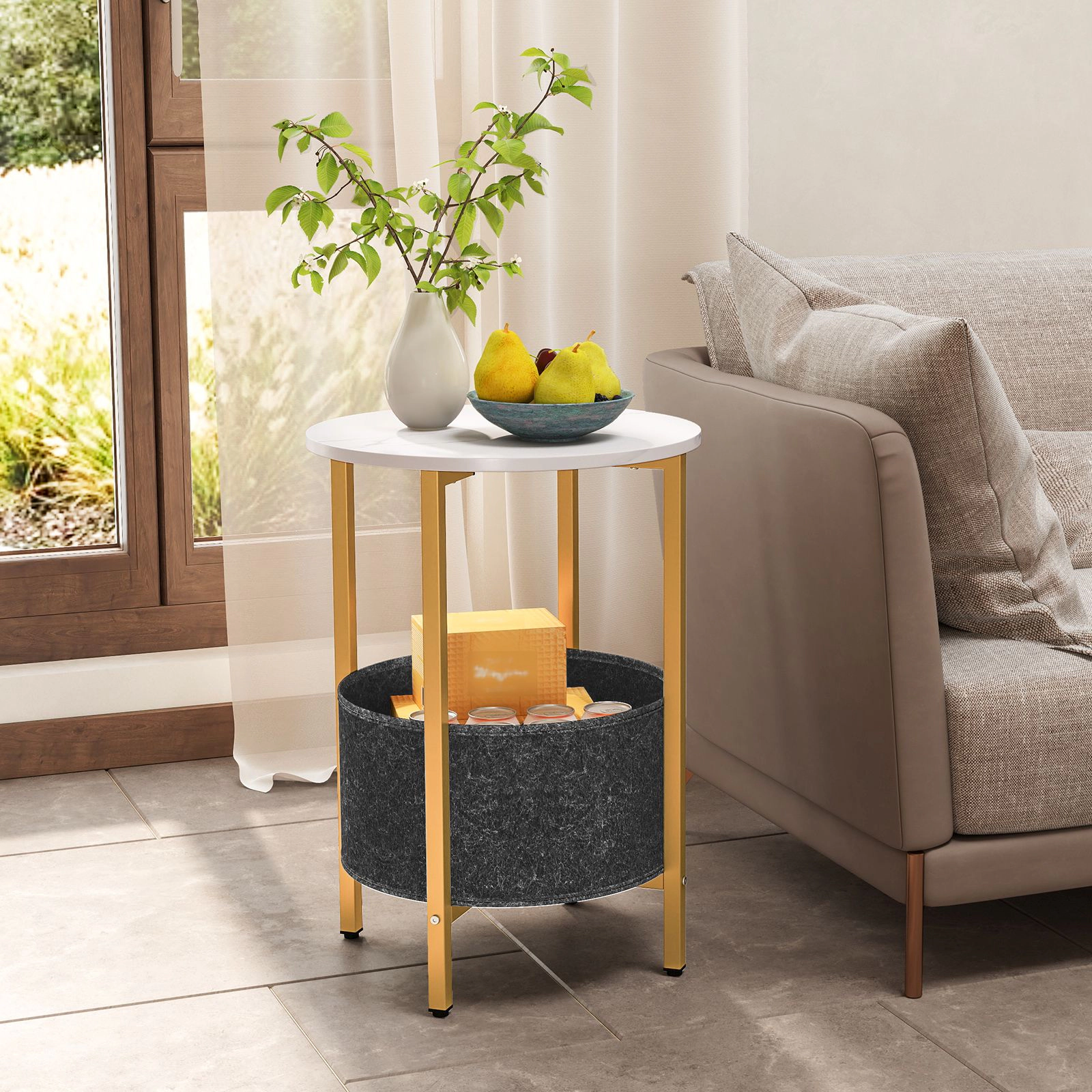 SlickBlue Round End Table with Removable Felt Storage Basket