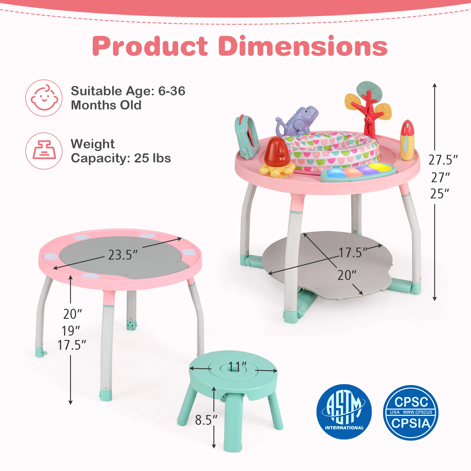 SUGIFT Pink Removable Toys and Study Desk 5-in-1 Baby Activity Center Bounce Seat
