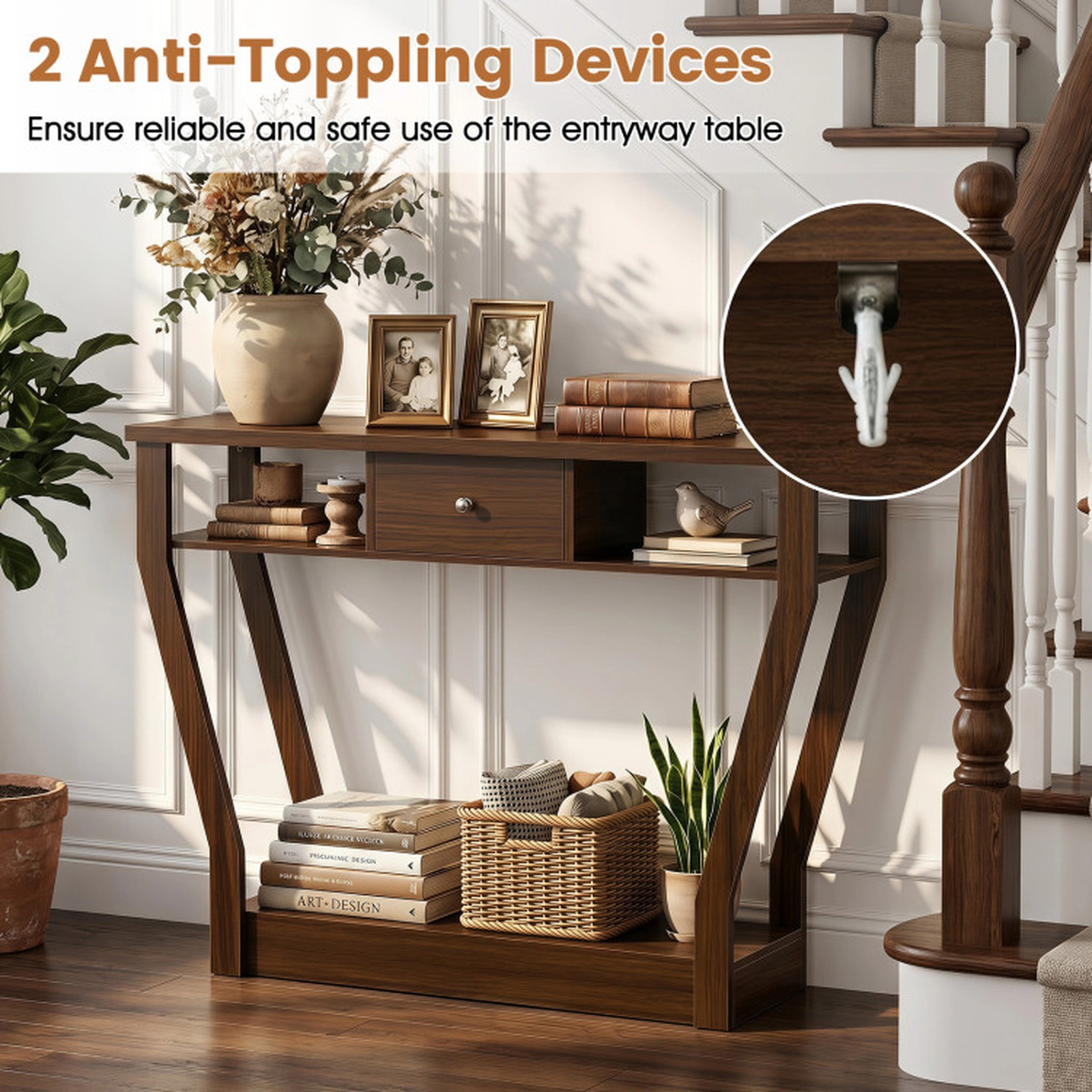 SUGIFT Angled Legs Center Drawer Open Cubbies Hall Console Table 43-in x 12-in x 32-in 66-lb Capacity Walnut