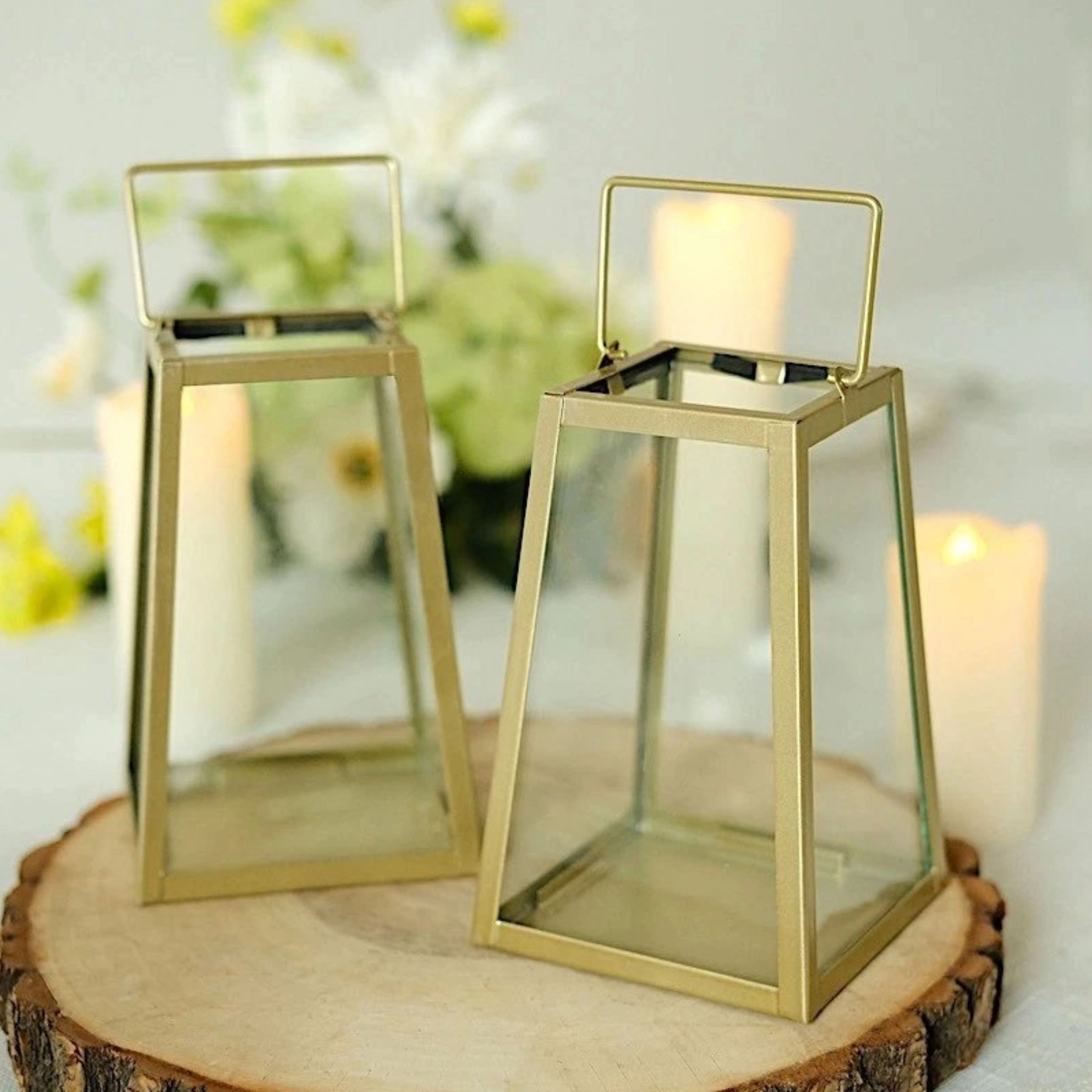 Home Collection Gold Clear Geometric Glass Lantern Candle Holders Set of 2