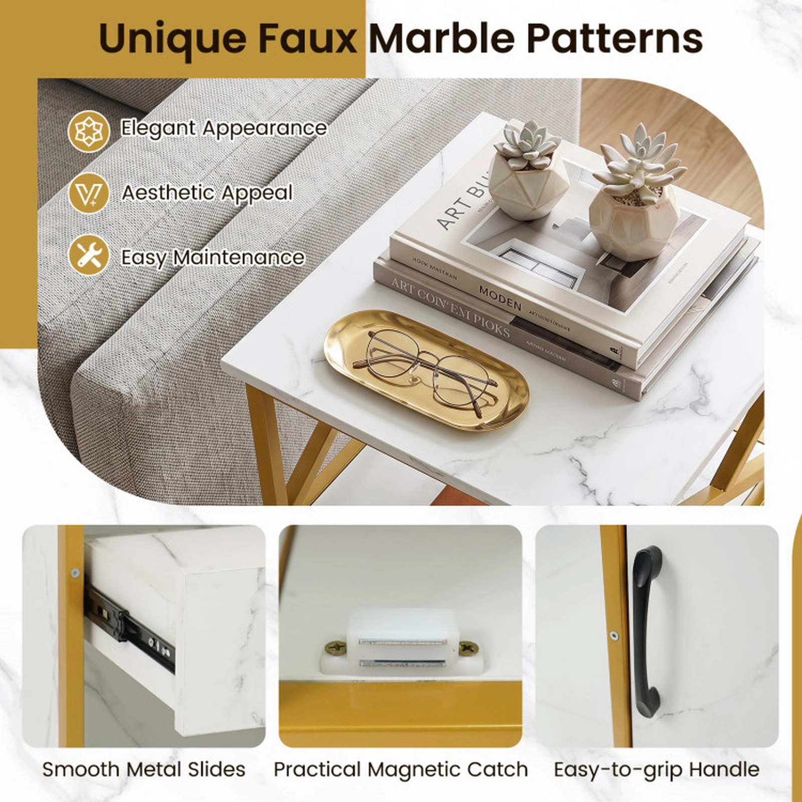 SUGIFT White and Golden Faux Marble 44-lb Top Bathroom Storage Cabinet with Drawer Single Door and Open Shelf