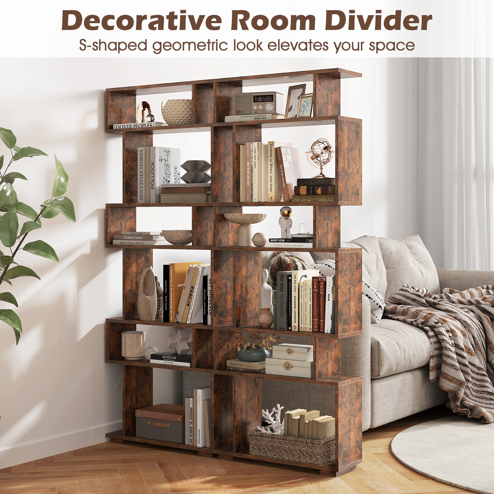 SUGIFT 6-Tier Rustic Brown 64-in Tall Narrow Geometric Bookshelf with 2 Anti-Tipping Kits and Raised Base