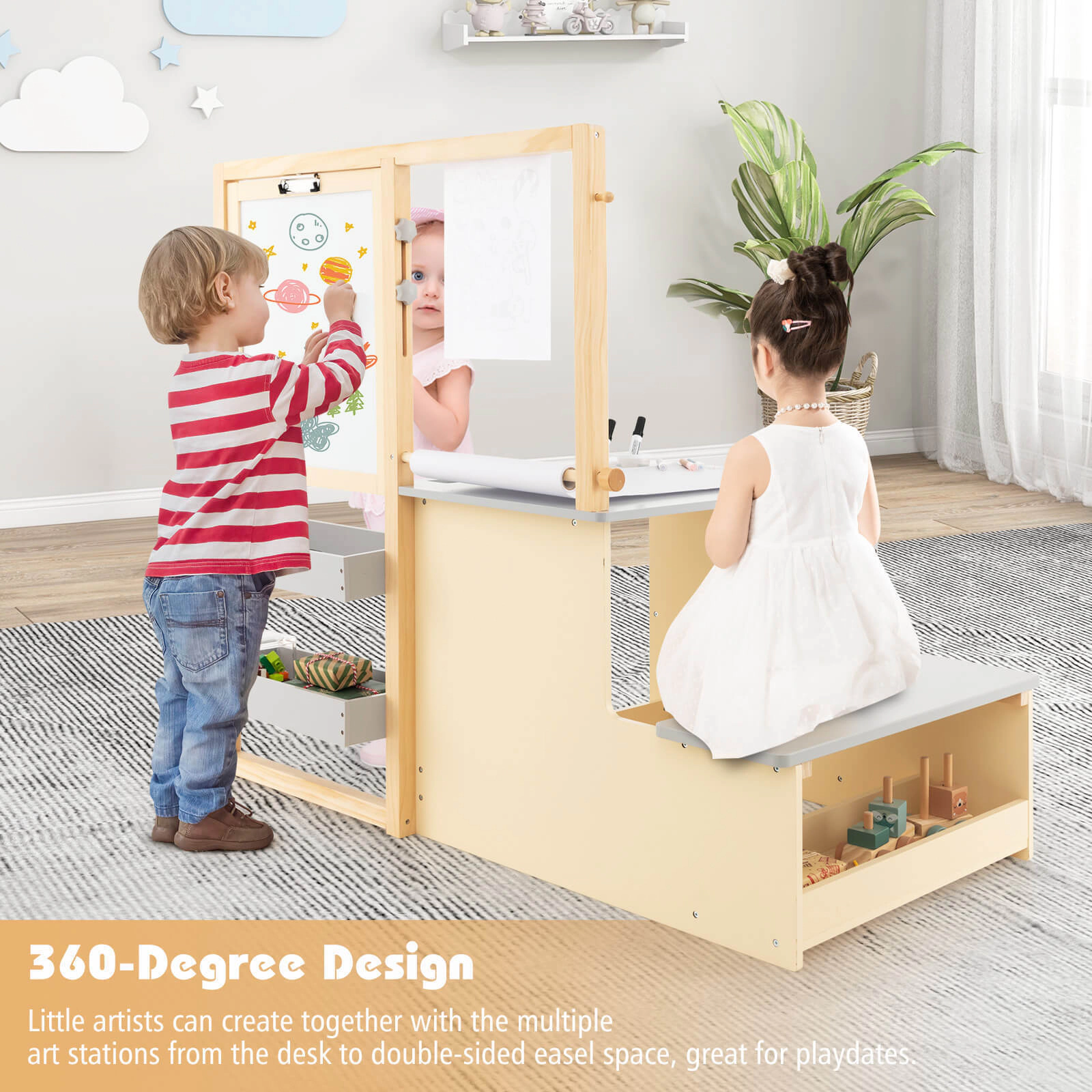 SUGIFT Kids Art Table and Bench Set with Double-Sided Easel, Magnetic Whiteboard, Chalkboard, Paper Roll, Gray