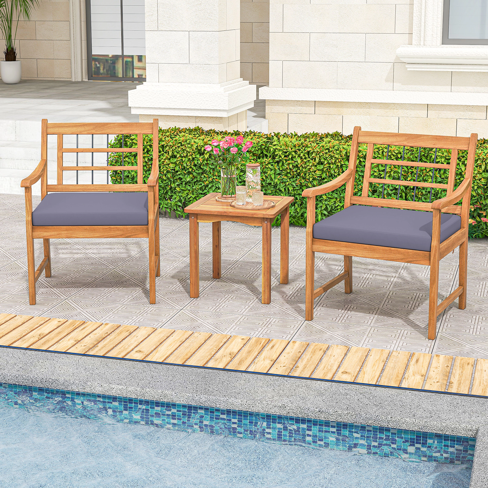 SUGIFT Patio Conversation Set with Seat Cushions 400-lb Chairs 180-lb Table White Gray Navy Cushions Natural Frame