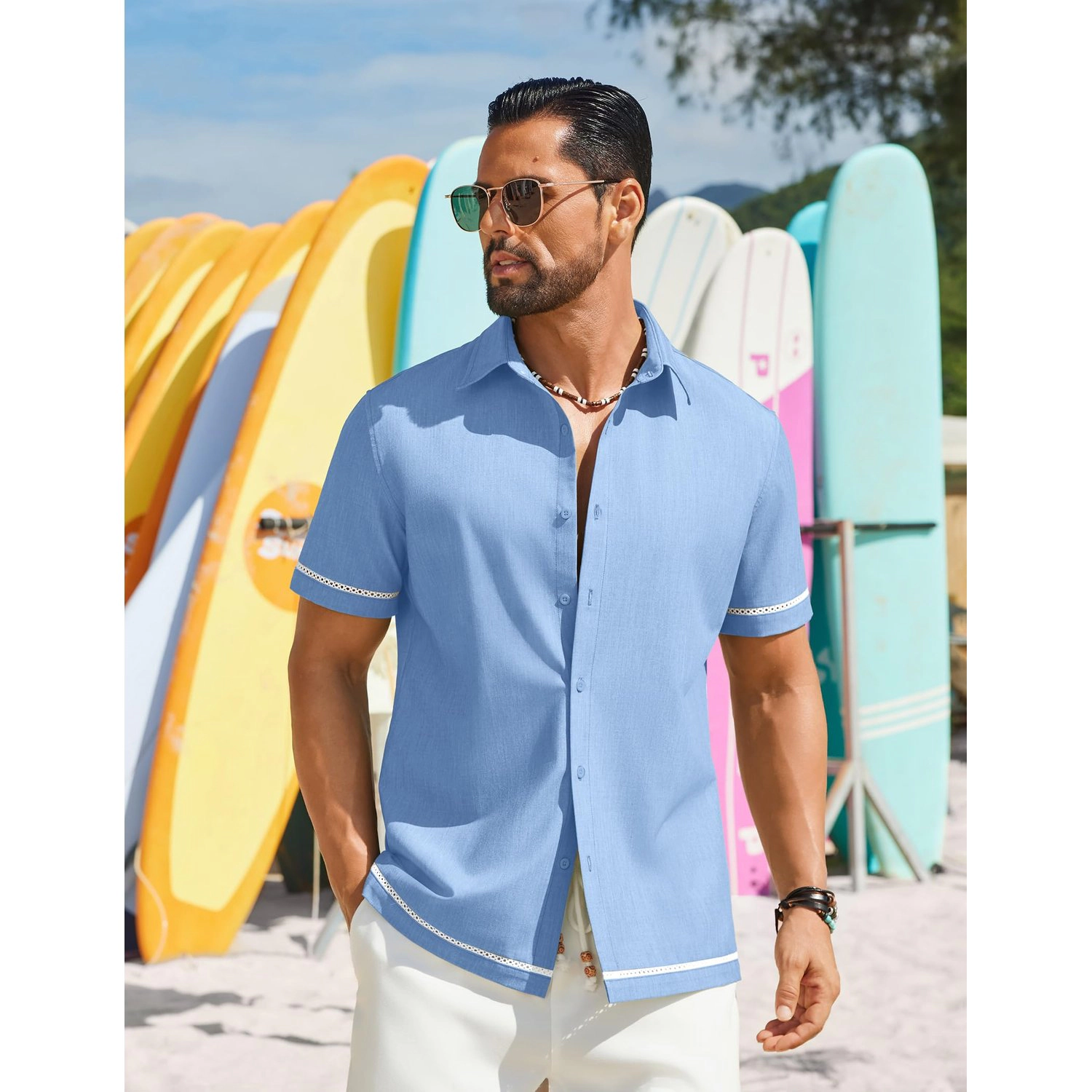 COOFANDY Mens Short Sleeve Button Down Shirt Casual Lapel Collar Pocket  Tops
