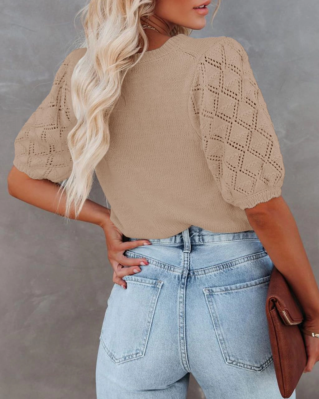 KOJOOIN Womens Crochet Blouse Shirt Short Sleeve Sweaters Summer Crewneck Knit Pullover Tops