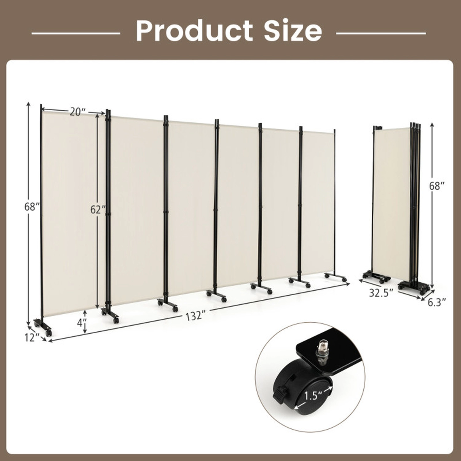 SUGIFT White 6-Panel 132-in Wide 68-in Tall Rolling Folding Room Divider Privacy Screen with 14 Wheels