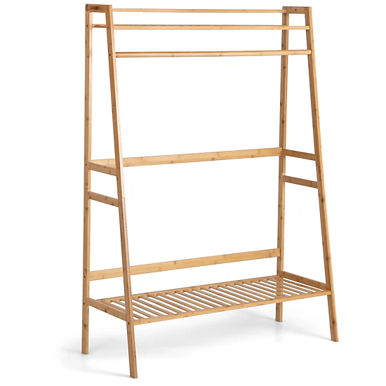 SUGIFT 55-in 66-lb Shelf Bamboo Clothing Rack and Garment Stand with 2-Tier Storage Shelves and Hanging Rod