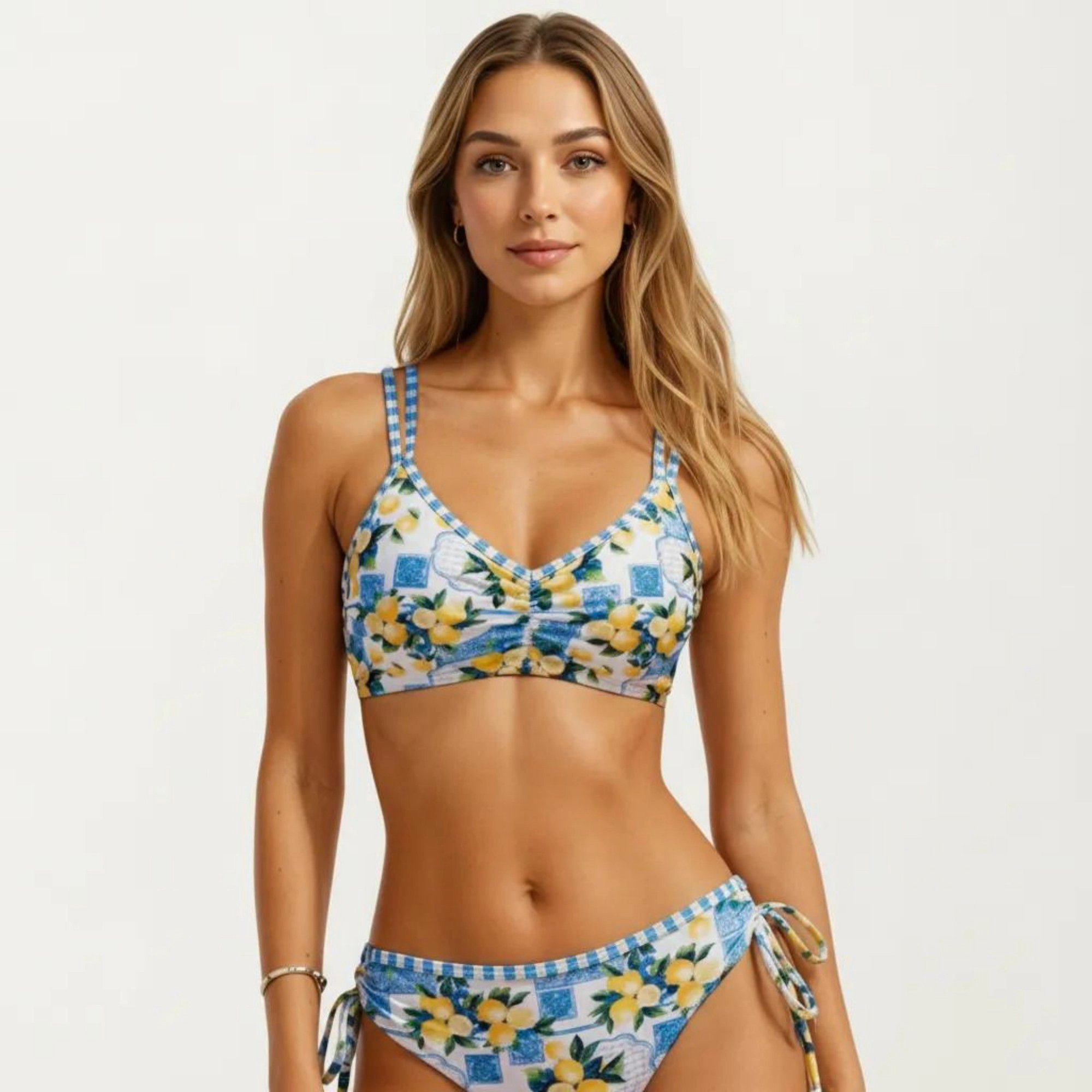 Anna-Kaci Women’s 2-Piece Floral Bikini Set V-Neck Double Strap Top Side-Tie High-Waist Bottoms