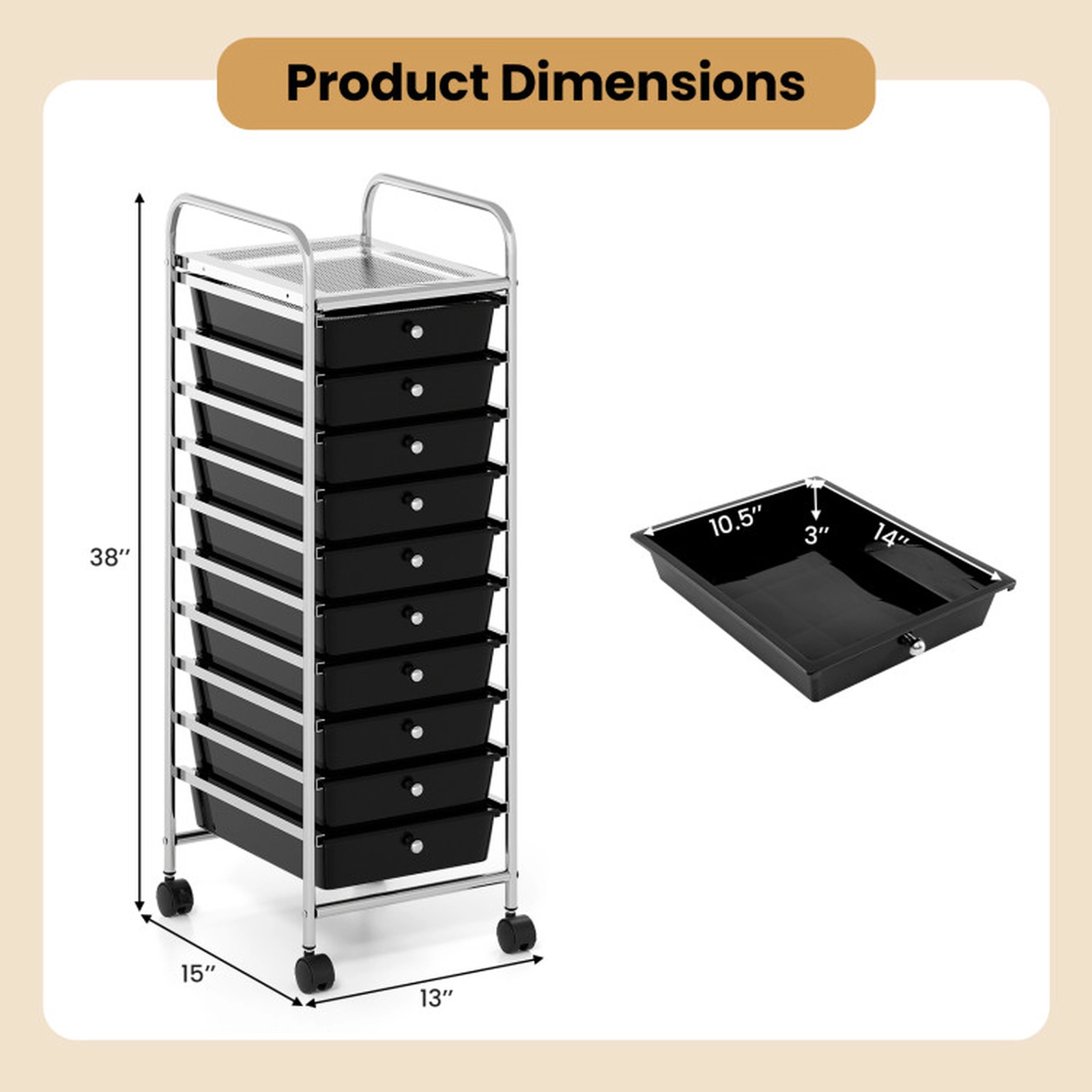 SUGIFT 38-in Tall 10-Drawer Rolling Cart Chrome Frame Drawer Tower for Dorm Closet and Bedroom Storage