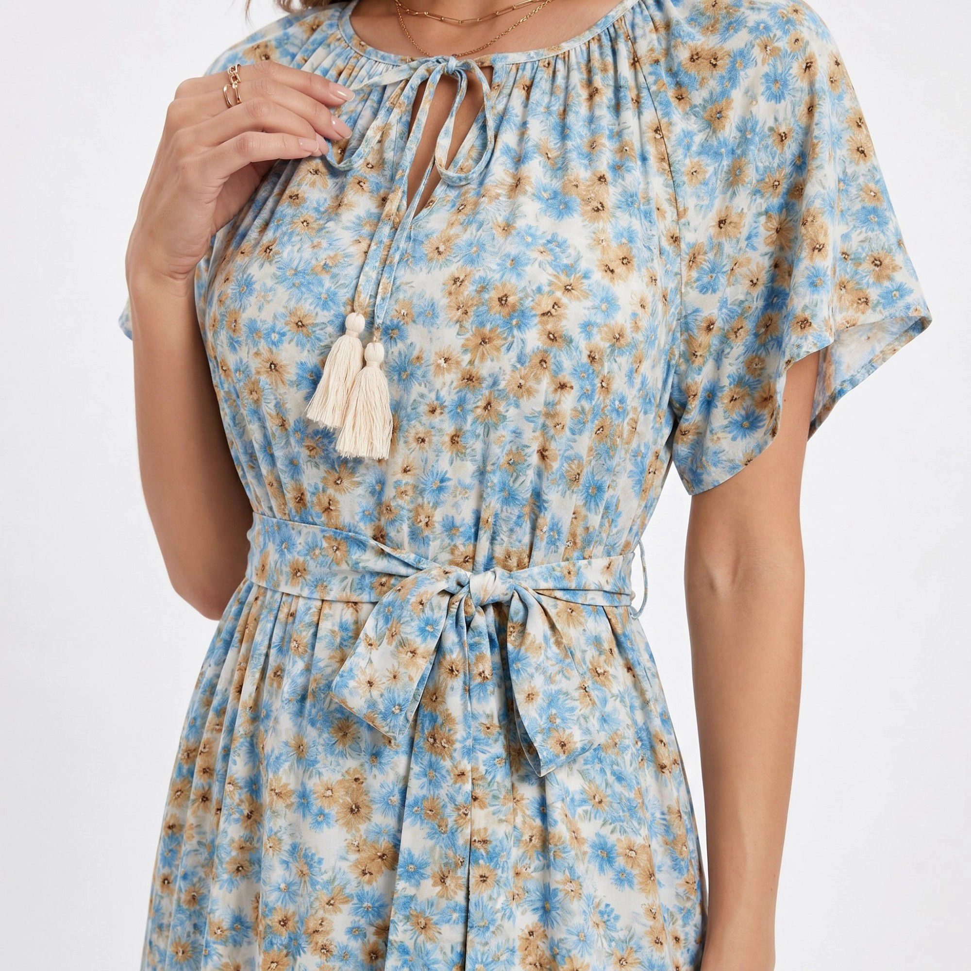 Anna-Kaci Women's Floral Print Tie Neck Short Flutter Sleeves Belted Waist Tiered Hem Midi Dress