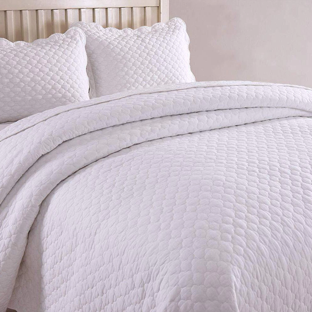 MarCielo 3 Piece 100% Cotton White Quilt Set, Lightweight Quilted Bedspread Set