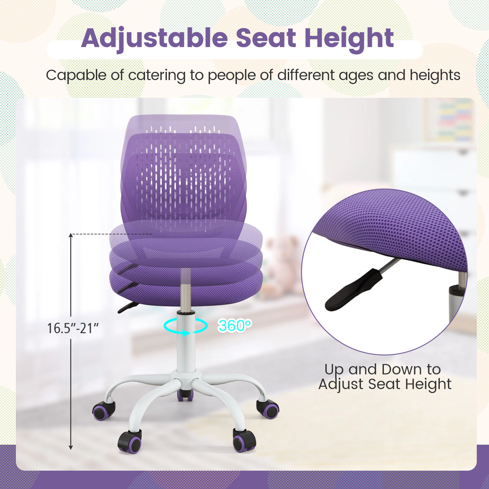 SUGIFT Ergonomic Mesh Kids Study Chair with Adjustable Height 250-lb Capacity Sponge Seat Ages Vary Purple