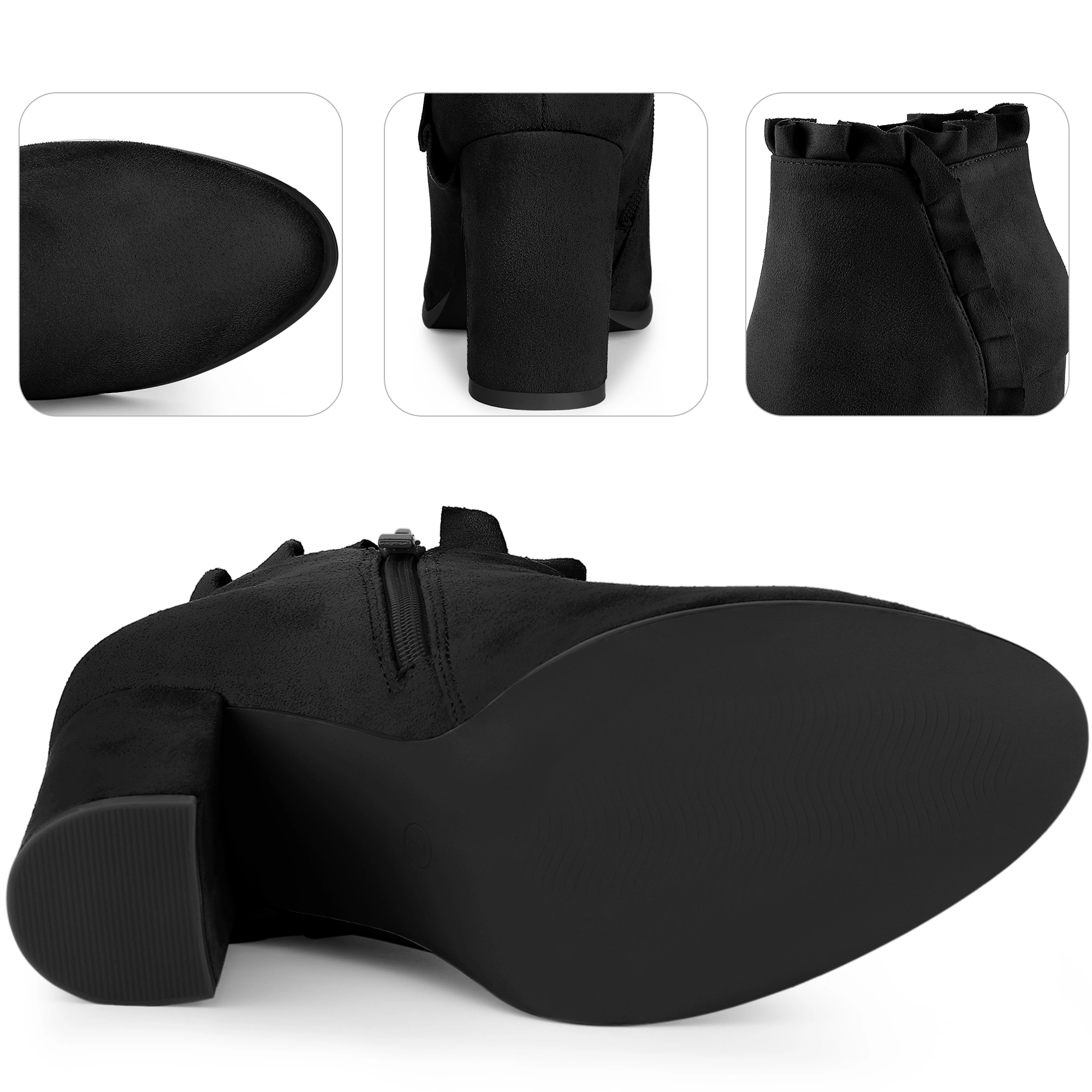 BLISSFUL STEP Women Faux Suede Ruffle Round Toe Chunky Heel Ankle Boots