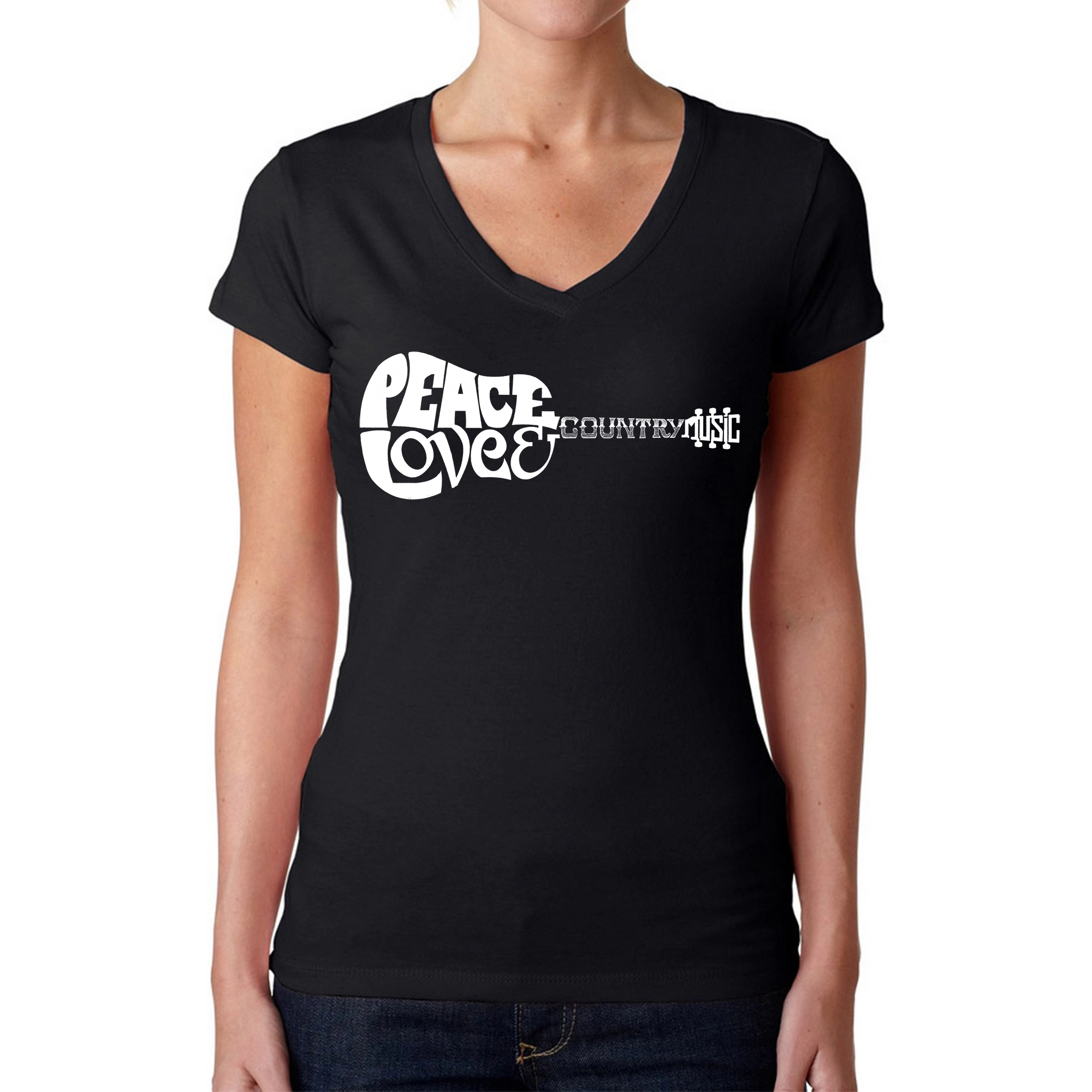 LA Pop Art Womens Word V-Neck T-Shirt - Peace Love Country
