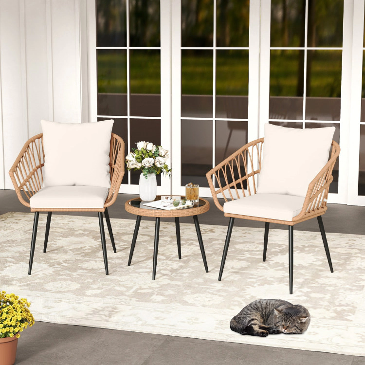 Hivvago 3 Piece Patio Bistro Set With Pe Rattan Wicker Chairs And Tempered Glass Coffee Table
