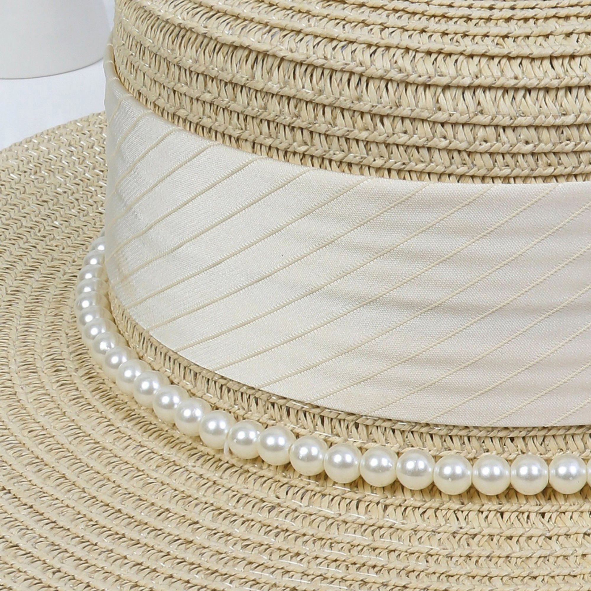 Anna-Kaci Women's Straw Boater Hat with Flat Brim Structured Crown Pearl Ribbon Band Detail